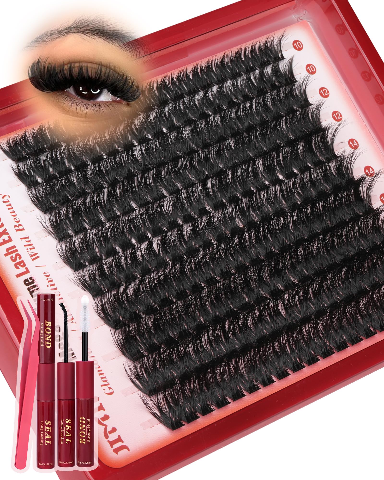 JIMIRE Fluffy Lash Clusters Kit 200D D-Curl – DIY Lash Extensions (10-18mm) with Bond & Seal
