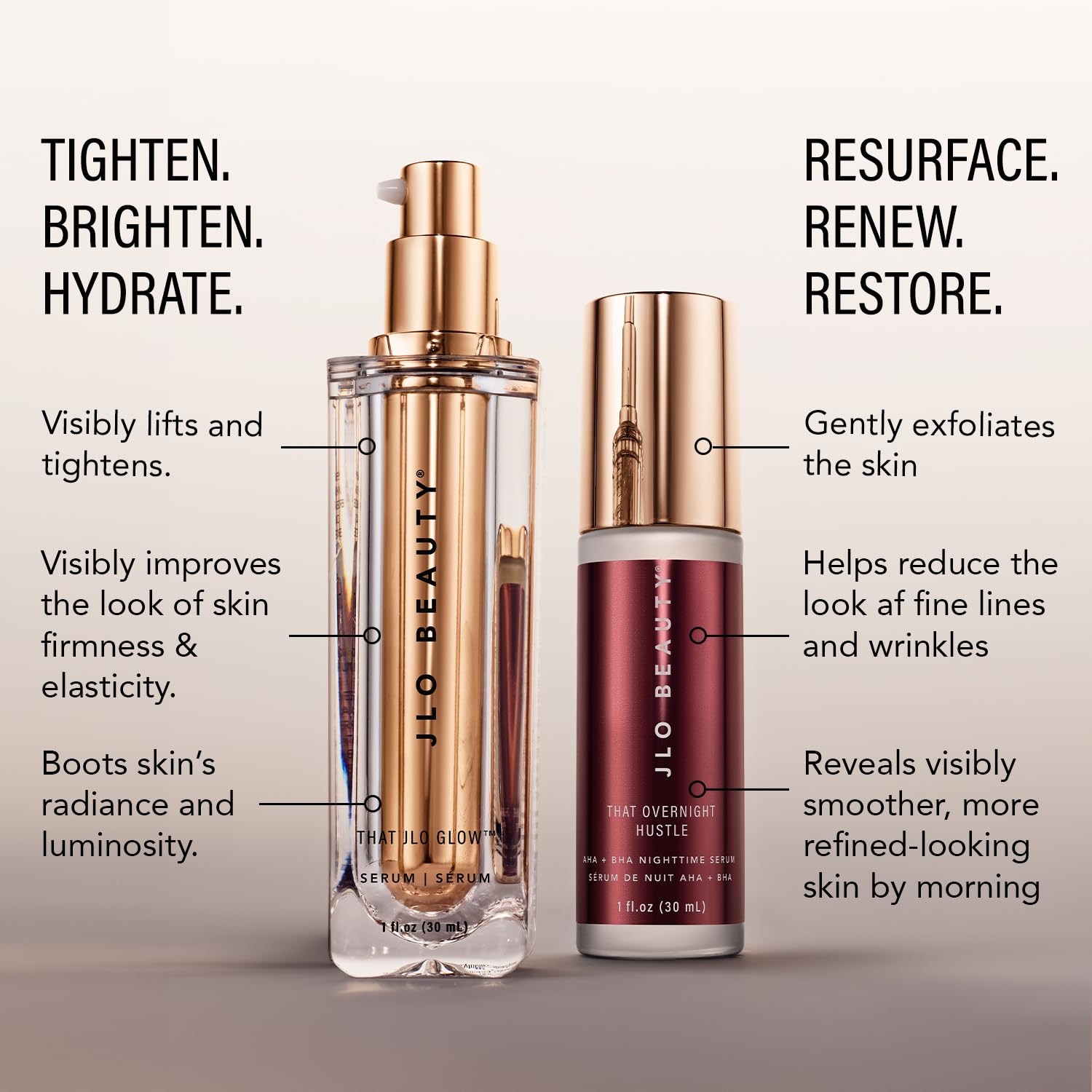 JLO BEAUTY Day & Night Serum Set – Hydrating, Firming & Exfoliating with AHA/BHA, Hyaluronic Acid (1 oz Each) | Travel Size