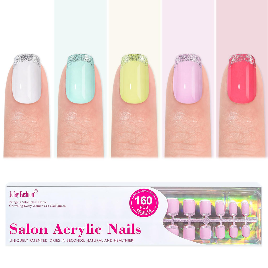 Jofay Fashion Press On Nails Short 5 Styles – 160Pcs Cat Eye Glitter French Tip, Reusable Opaque Gel Nails, Square Glue-On Nails (16 Sizes)