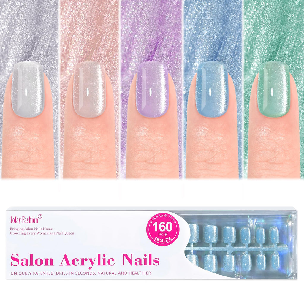 Jofay Fashion Cat-Eye Press-On Nails Kit – Island Shade, 160 Pcs, Reusable Gel Nails, Square Glue-On, 16 Sizes