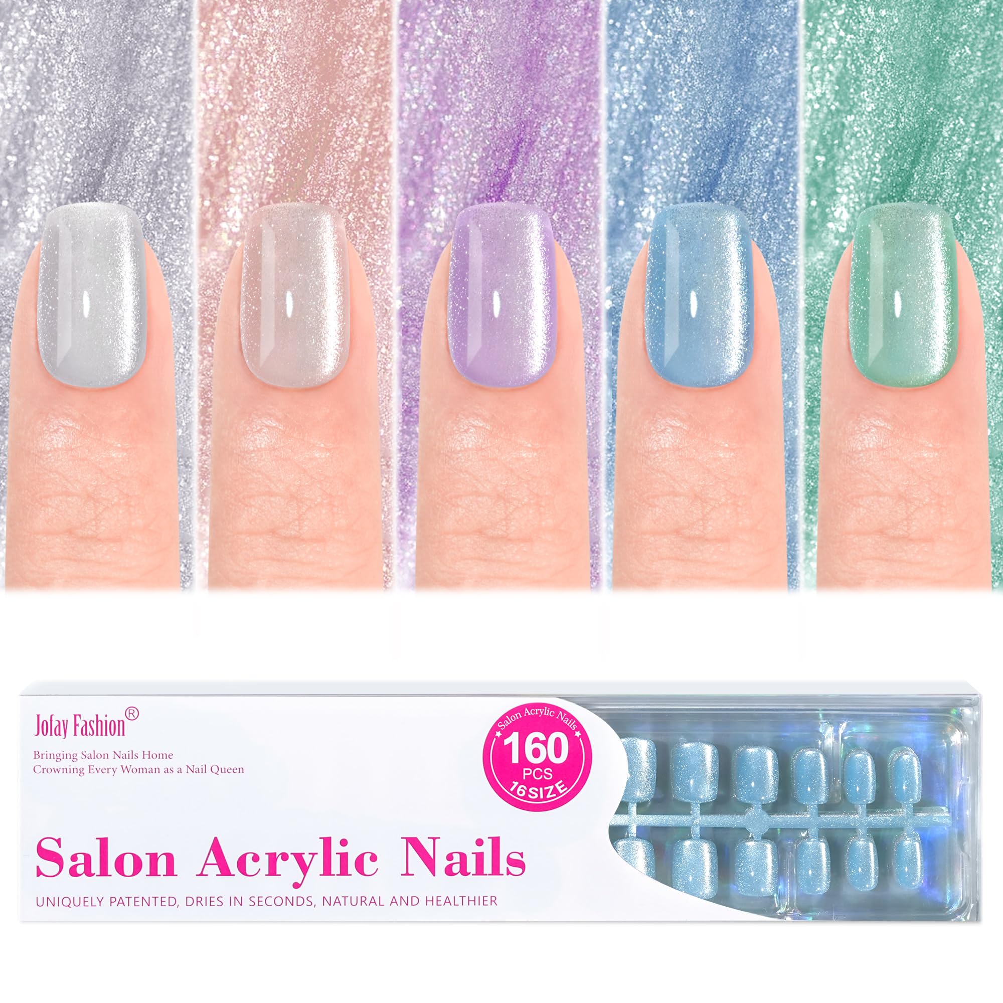 Jofay Fashion Cat-Eye Press-On Nails Kit – Island Shade, 160 Pcs, Reusable Gel Nails, Square Glue-On, 16 Sizes