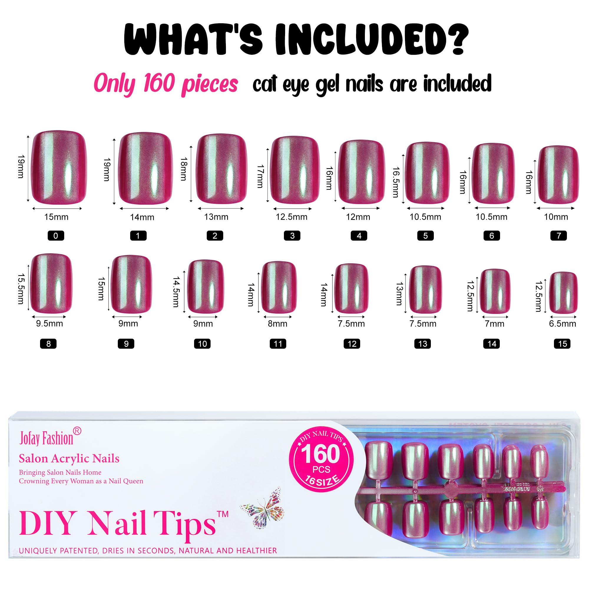 Jofay Fashion Pink Chrome Press On Nails – Short Square, 160PCS, 16 Sizes, Soft Gel Kit