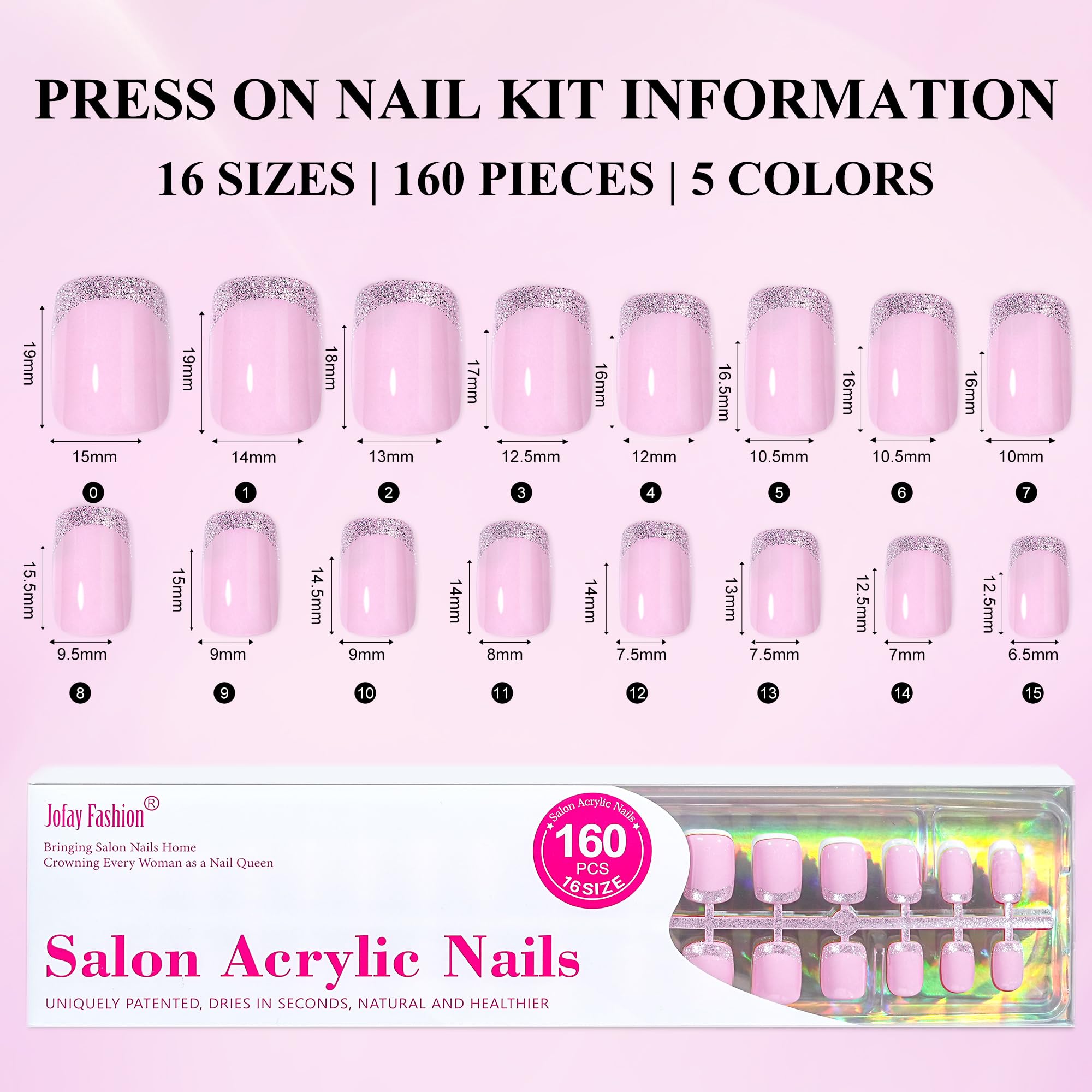 Jofay Fashion Press On Nails Short 5 Styles – 160Pcs Cat Eye Glitter French Tip, Reusable Opaque Gel Nails, Square Glue-On Nails (16 Sizes)