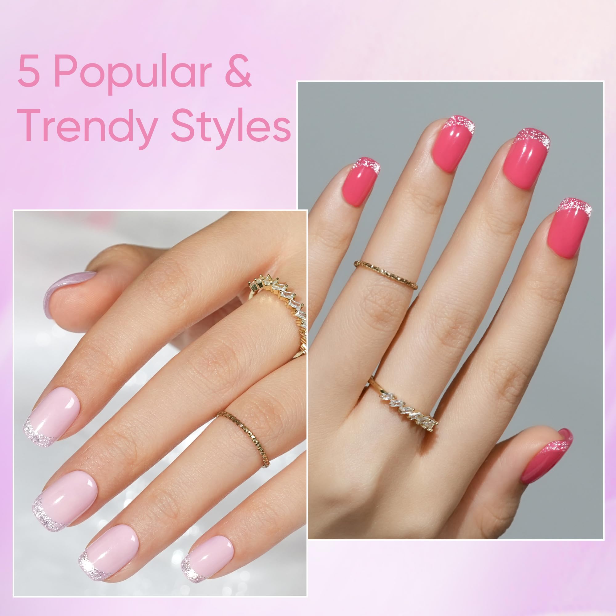 Jofay Fashion Press On Nails Short 5 Styles – 160Pcs Cat Eye Glitter French Tip, Reusable Opaque Gel Nails, Square Glue-On Nails (16 Sizes)
