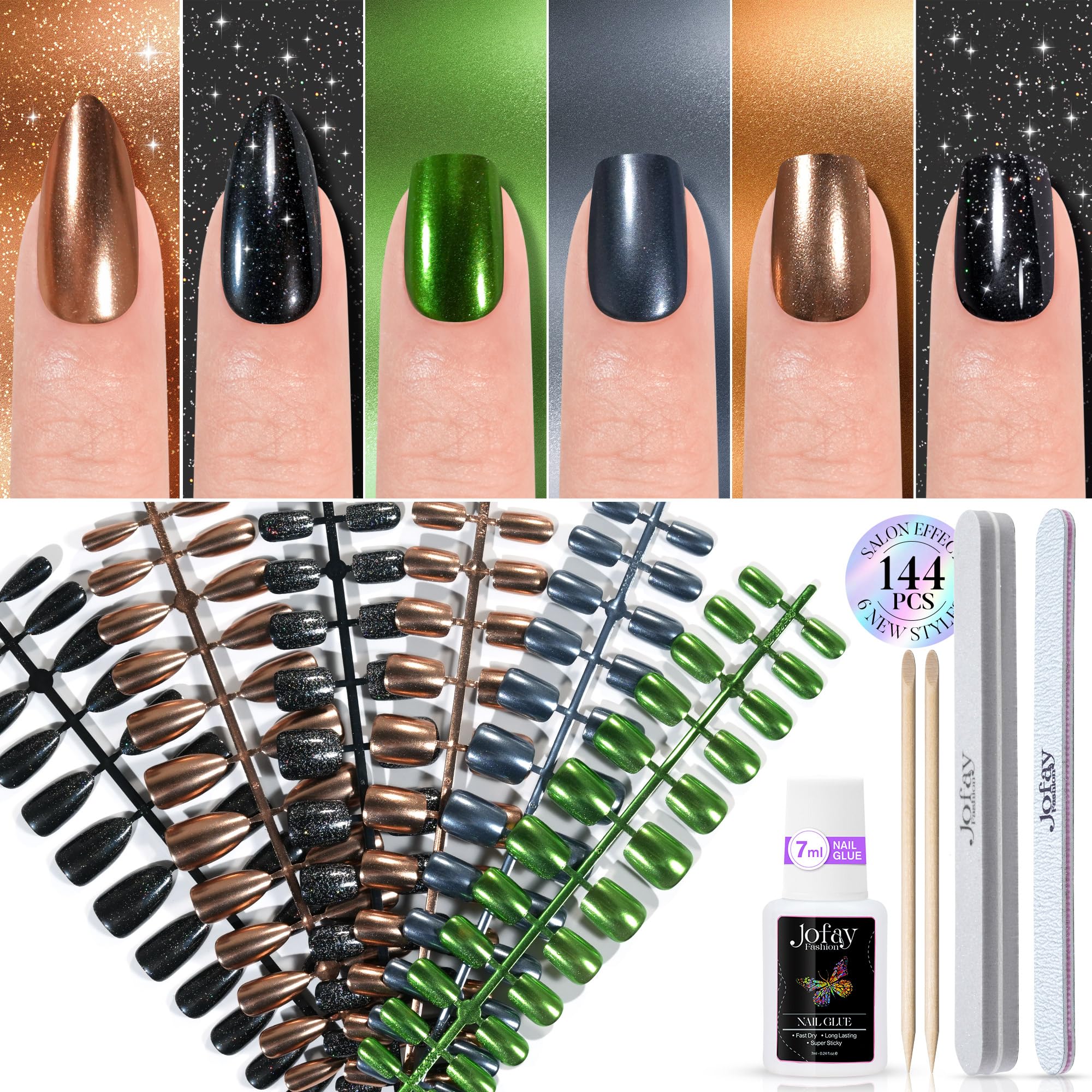 Jofay Fashion Chrome Press On Nails – 144Pcs Salon-Quality Mirror Metal Stiletto & Glitter Nails