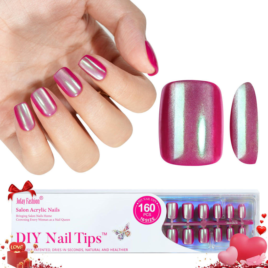 Jofay Fashion Pink Chrome Press On Nails – Short Square, 160PCS, 16 Sizes, Soft Gel Kit