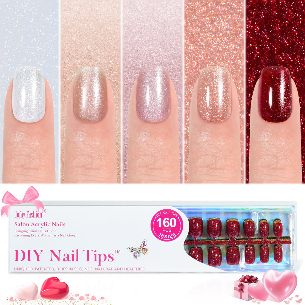 Jofay Fashion Press-On Nails – 160Pcs Valentines Nails with 5 Glitter Styles, 16 Sizes, Reusable Glue-On Nails