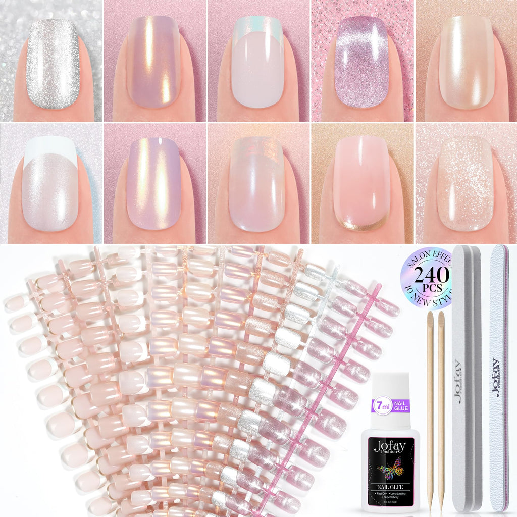 Jofay Fashion Press On Nails Short – 10 Styles, 240Pcs Cat Eye & French Tip