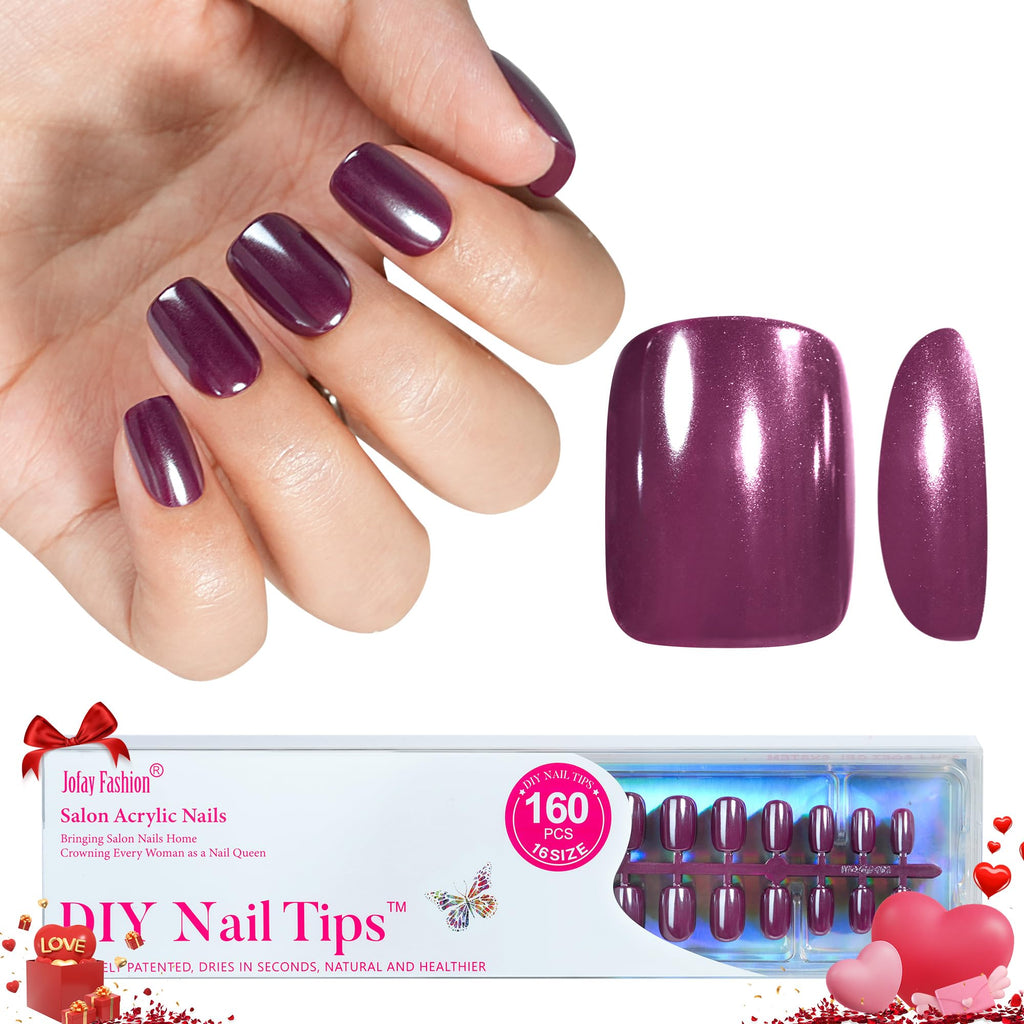 Jofay Fashion Press On Nails Short Dark Purple – Chrome Square, 160pcs Soft Gel Kit | 16 Sizes