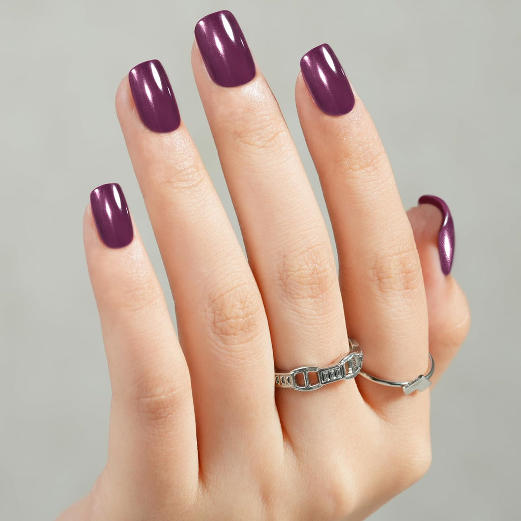 Jofay Fashion Press On Nails Short Dark Purple – Chrome Square, 160pcs Soft Gel Kit | 16 Sizes