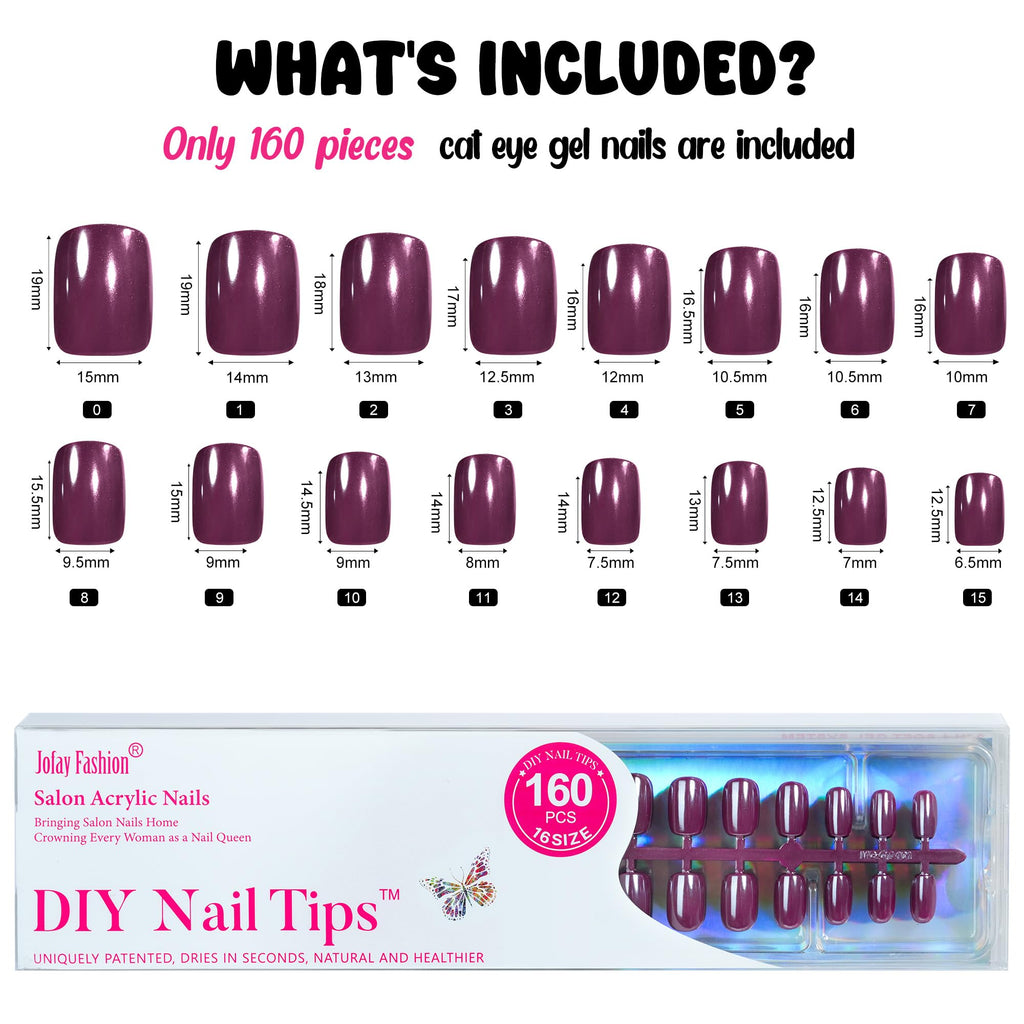 Jofay Fashion Press On Nails Short Dark Purple – Chrome Square, 160pcs Soft Gel Kit | 16 Sizes