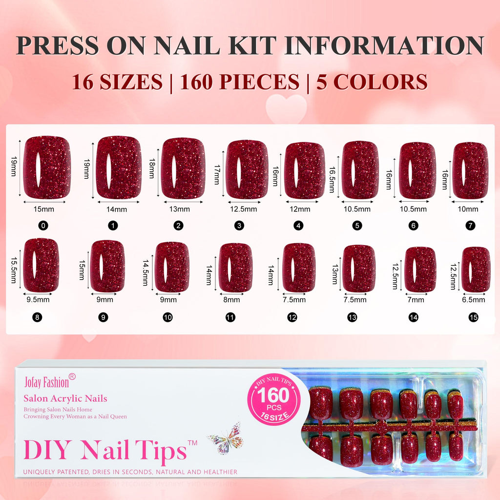 Jofay Fashion Press-On Nails – 160Pcs Valentines Nails with 5 Glitter Styles, 16 Sizes, Reusable Glue-On Nails