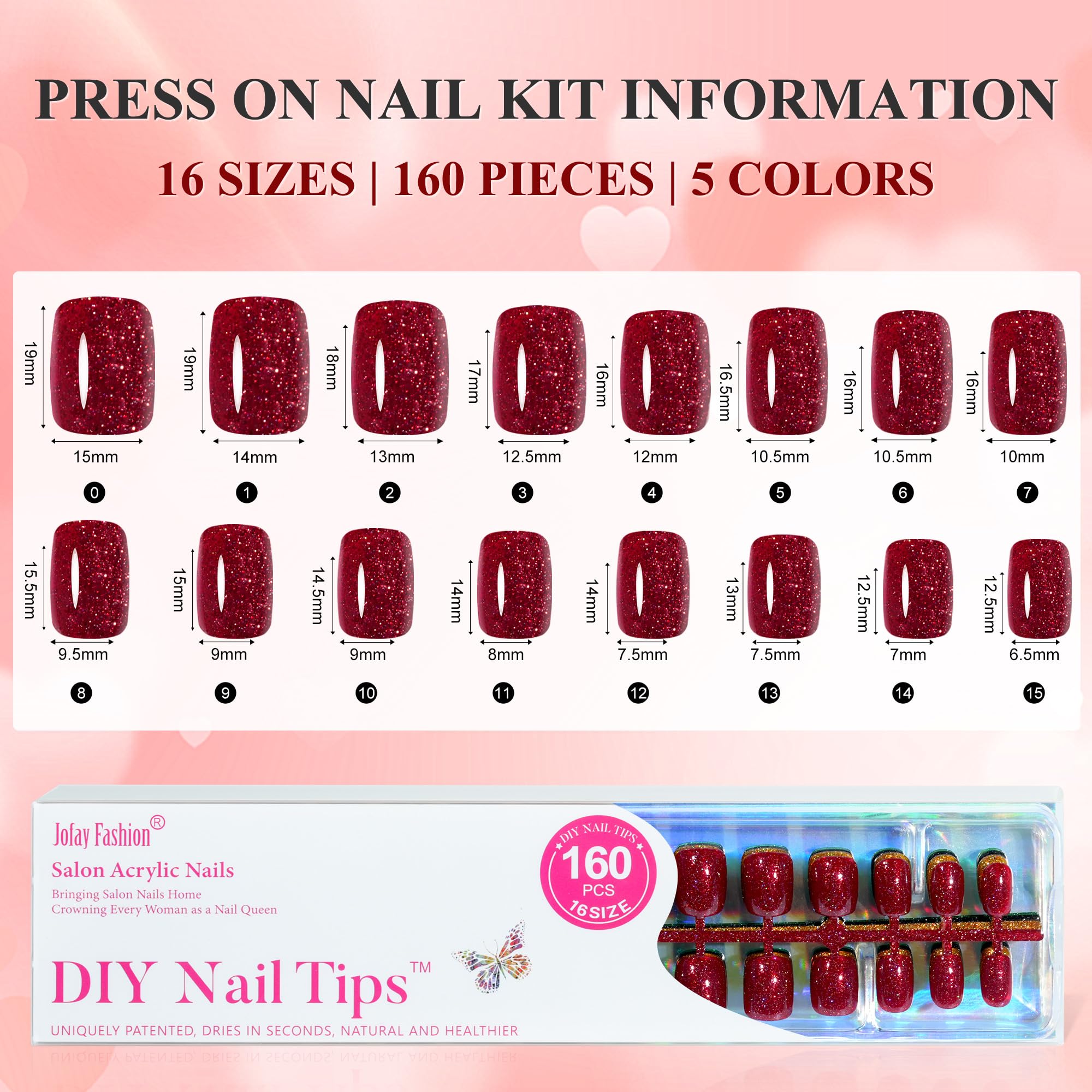 Jofay Fashion Press-On Nails – 160Pcs Valentines Nails with 5 Glitter Styles, 16 Sizes, Reusable Glue-On Nails