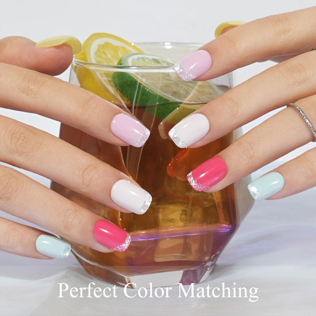 Jofay Fashion Press On Nails Short 5 Styles – 160Pcs Cat Eye Glitter French Tip, Reusable Opaque Gel Nails, Square Glue-On Nails (16 Sizes)