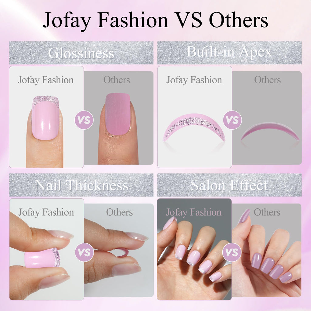 Jofay Fashion Press On Nails Short 5 Styles – 160Pcs Cat Eye Glitter French Tip, Reusable Opaque Gel Nails, Square Glue-On Nails (16 Sizes)
