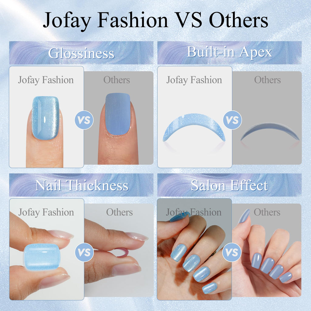 Jofay Fashion Cat-Eye Press-On Nails Kit – Island Shade, 160 Pcs, Reusable Gel Nails, Square Glue-On, 16 Sizes
