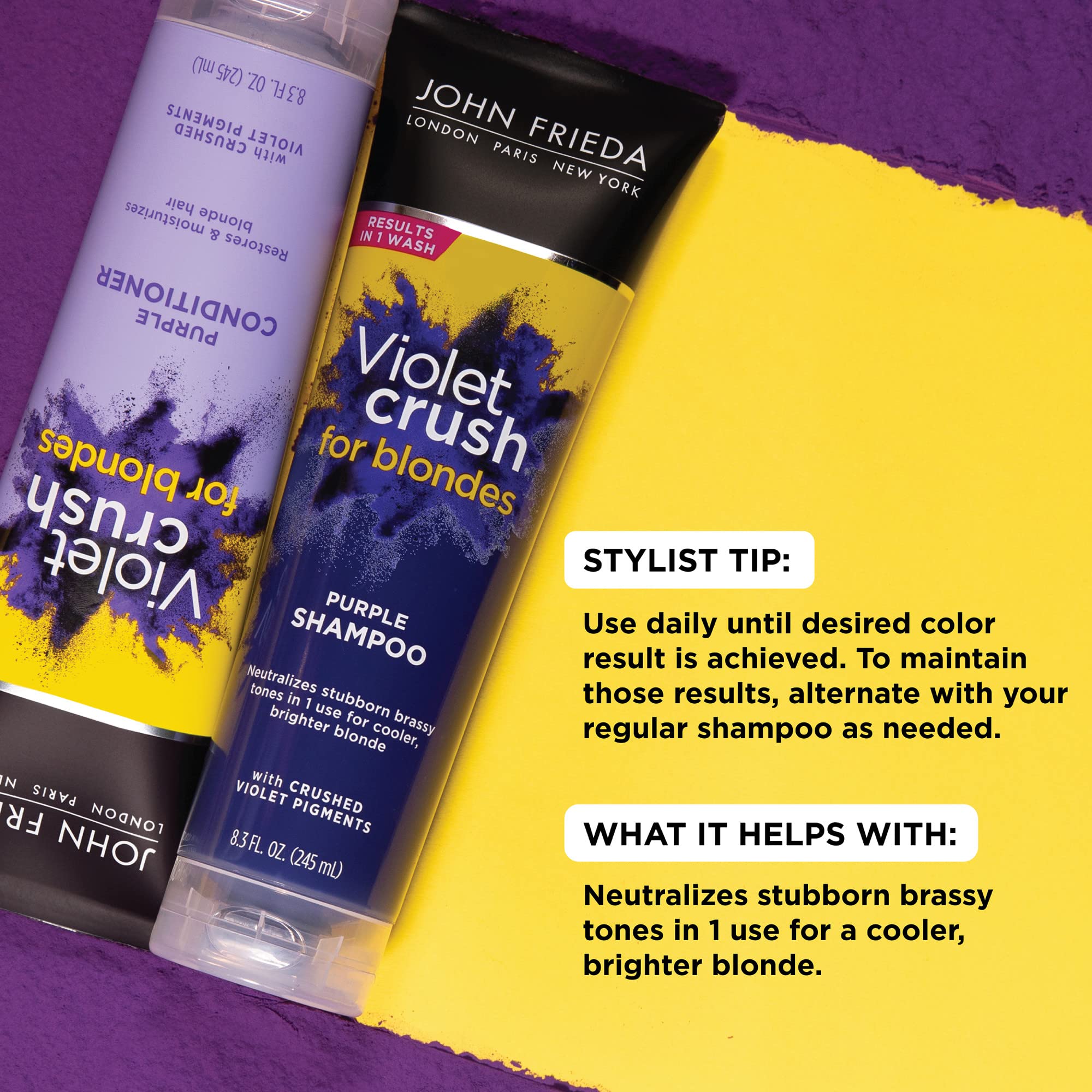 John Frieda Violet Crush Purple Shampoo & Conditioner Set for Blonde Hair – Neutralizes Yellow Tones, 8.3 oz each, Pack of 2