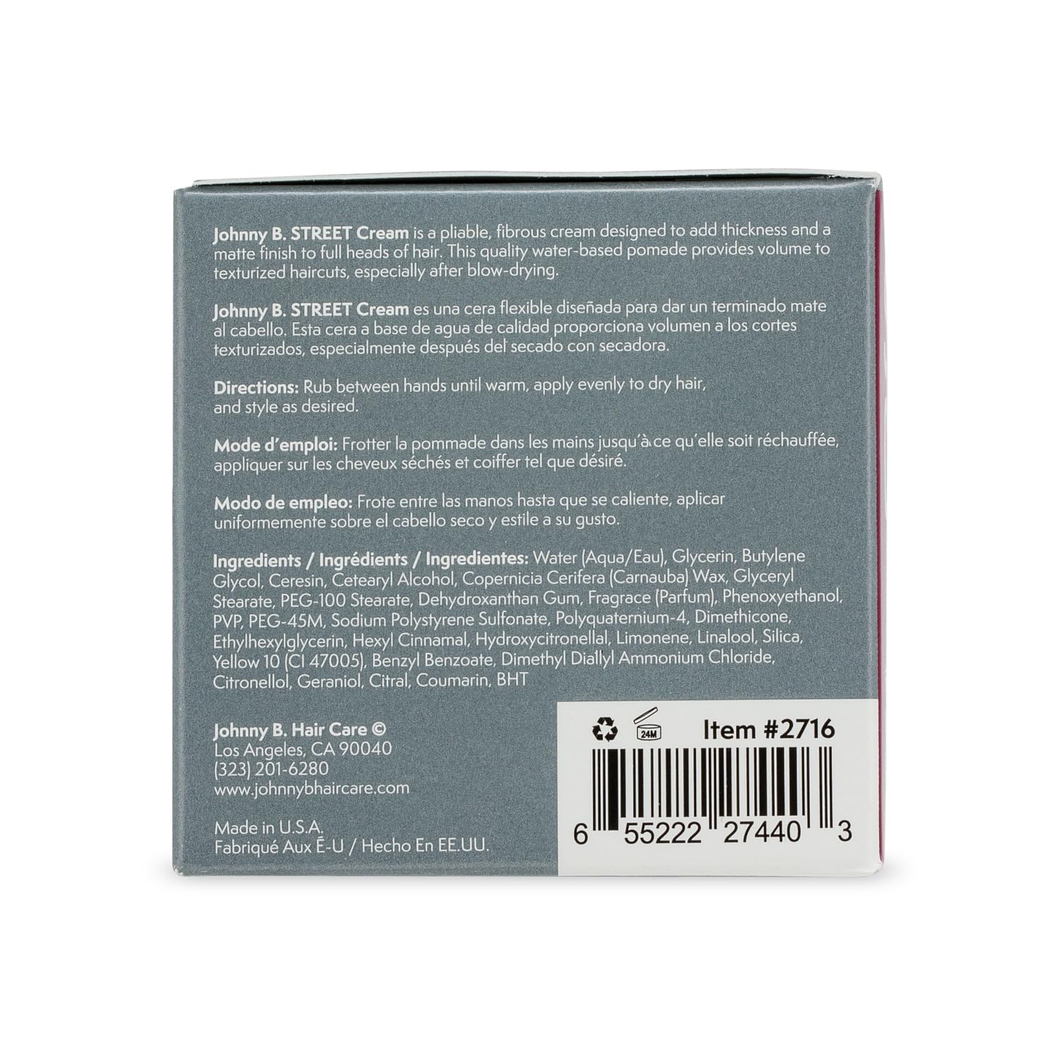 JOHNNY B. Street Cream 3 oz. — Matte Finish, Volumizing Pliable Hair Cream