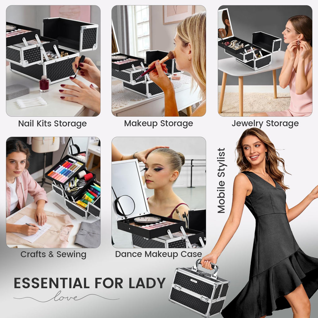 Joligrace Makeup Box with Mirror – 2-Tier Train Case, Portable & Lockable