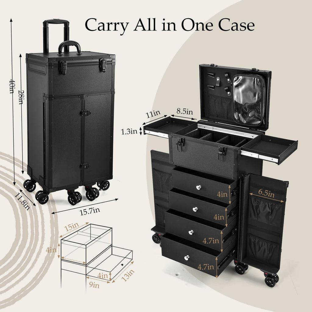 Joligrace Professional Rolling Makeup Case - 4-Drawer Pro Makeup Artist Train Case with 6 Wheels