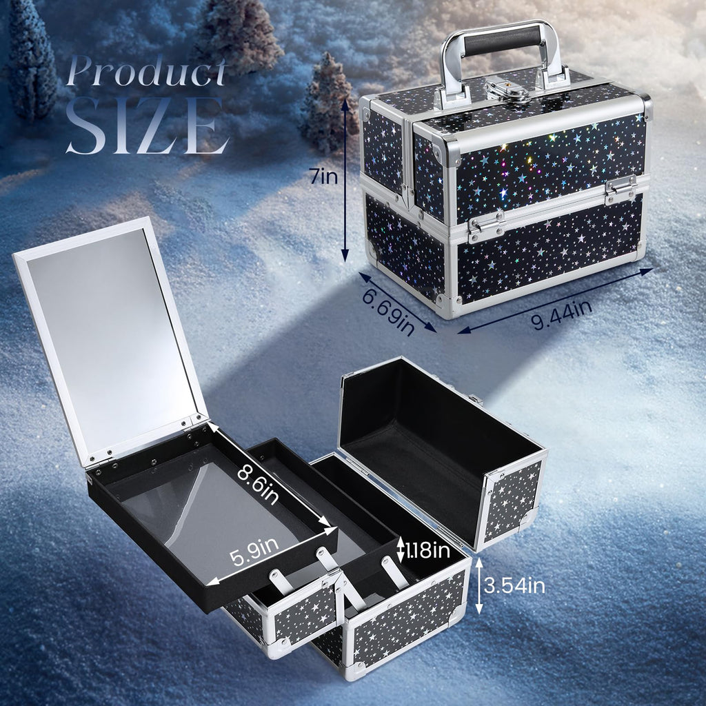 Joligrace Makeup Train Case - Lockable 2-Tier Tray with Mirror, Portable Black Star