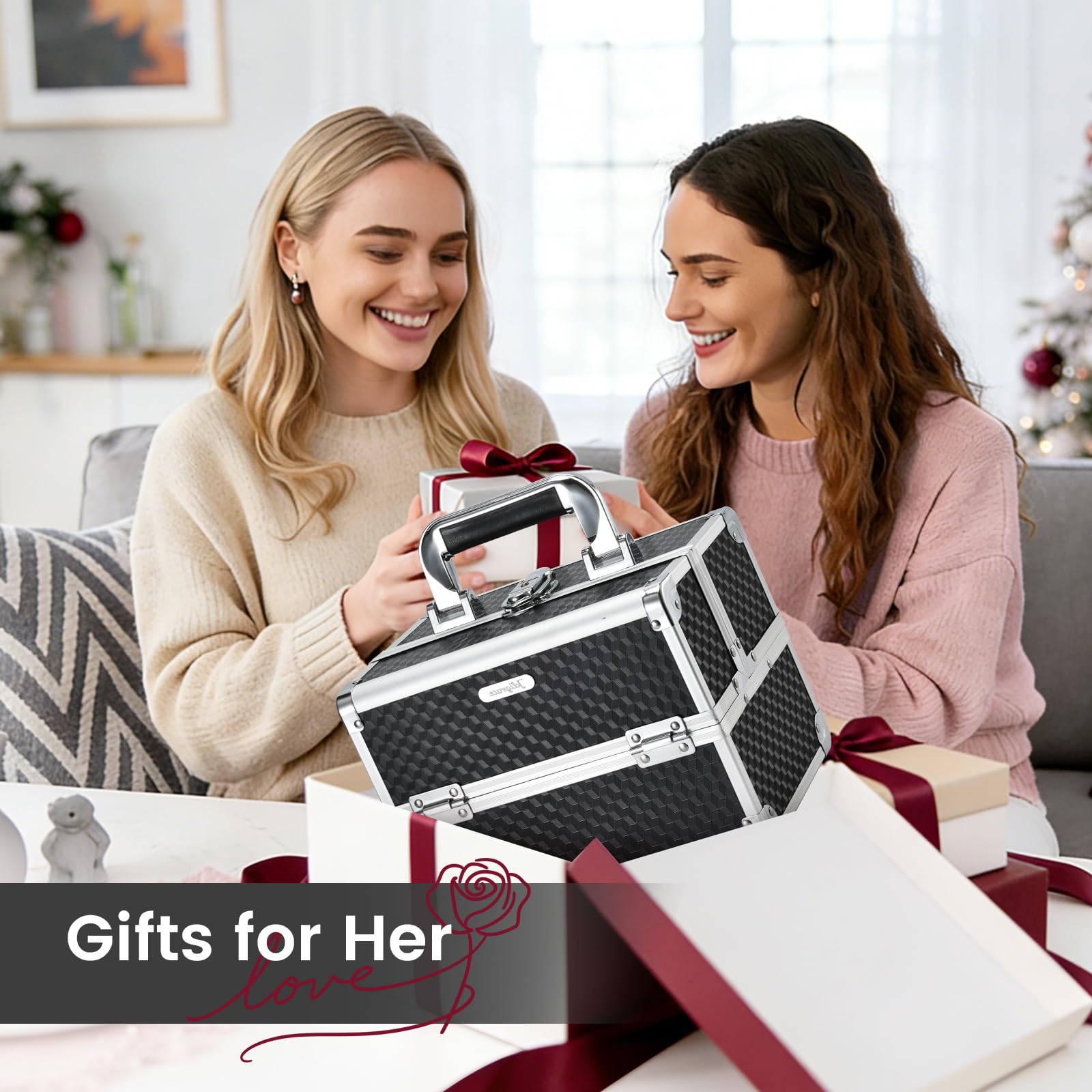 Joligrace Makeup Box with Mirror – 2-Tier Train Case, Portable & Lockable