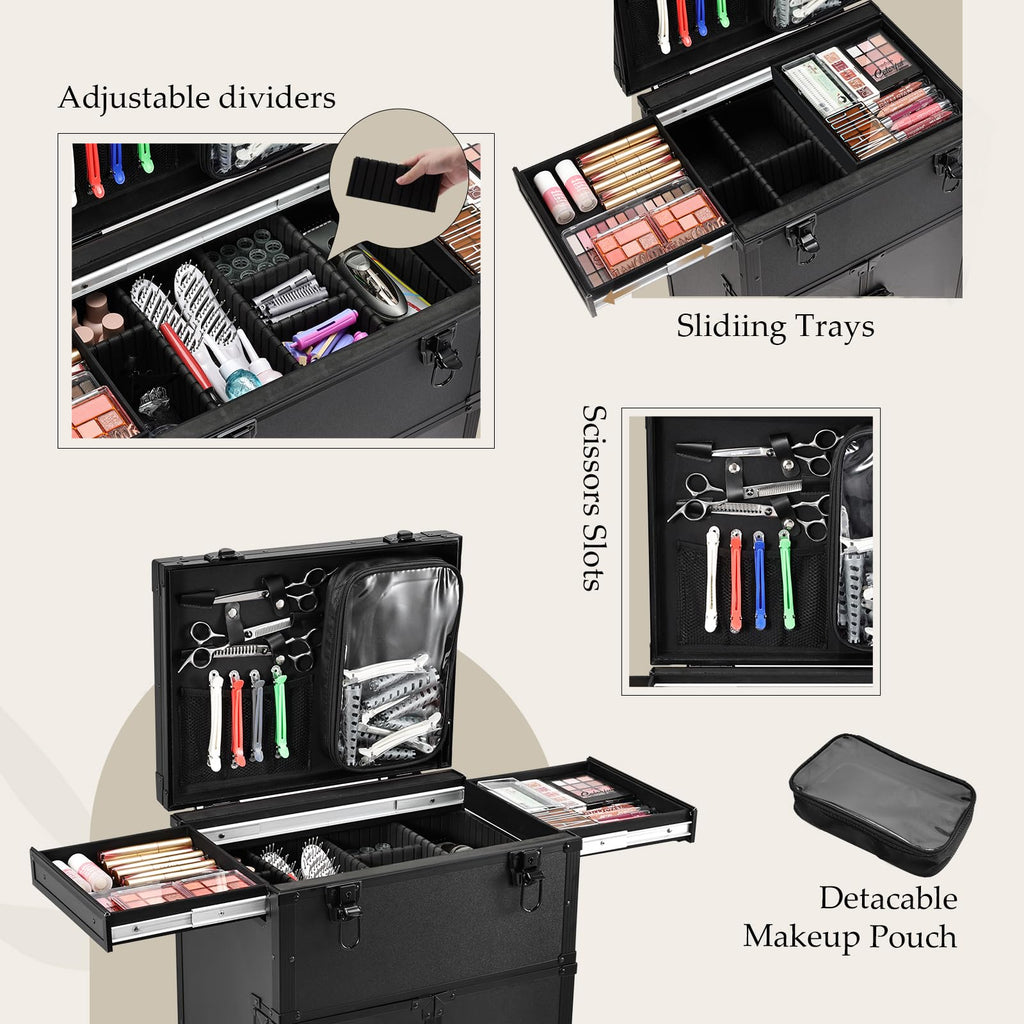 Joligrace Professional Rolling Makeup Case - 4-Drawer Pro Makeup Artist Train Case with 6 Wheels