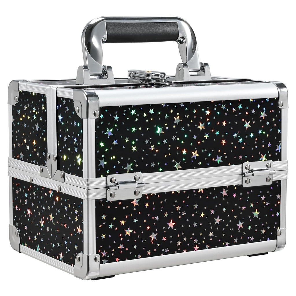 Joligrace Makeup Train Case - Lockable 2-Tier Tray with Mirror, Portable Black Star