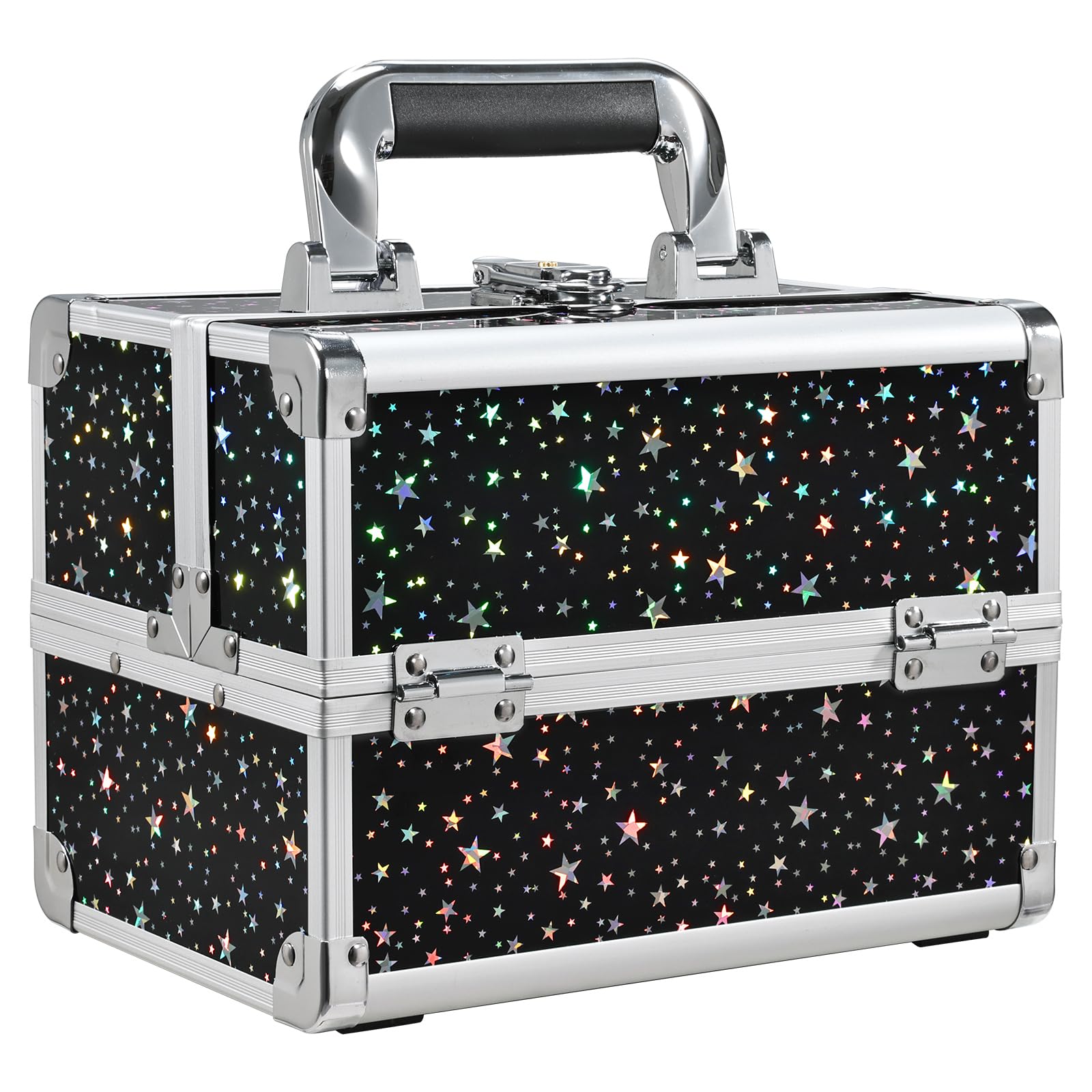 Joligrace Makeup Train Case - Lockable 2-Tier Tray with Mirror, Portable Black Star
