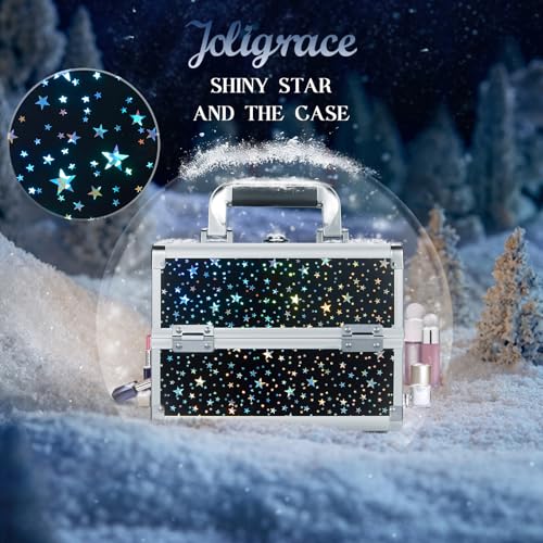 Joligrace Makeup Train Case - Lockable 2-Tier Tray with Mirror, Portable Black Star