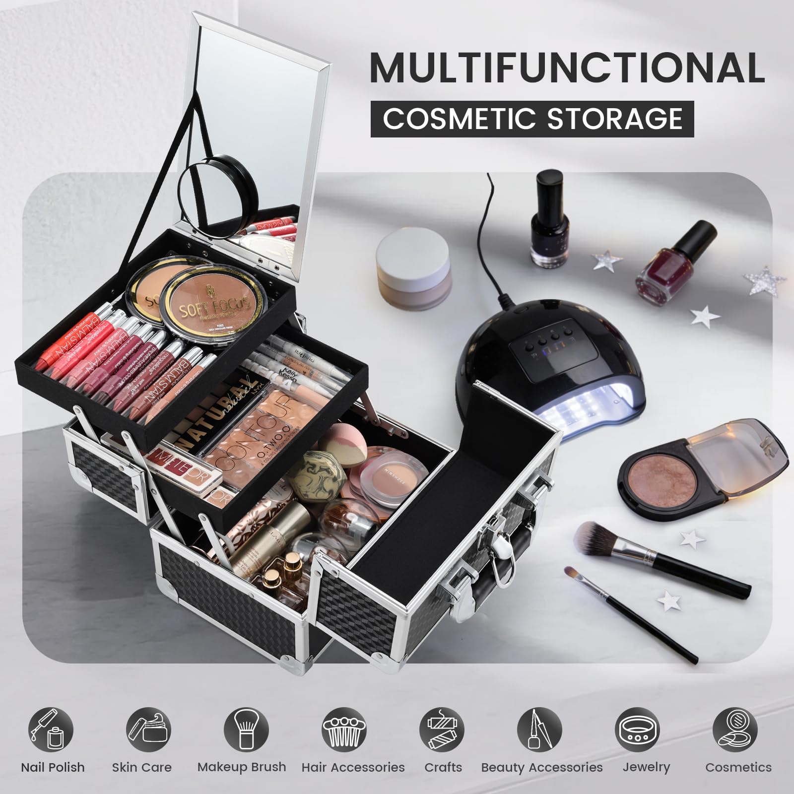 Joligrace Makeup Box with Mirror – 2-Tier Train Case, Portable & Lockable