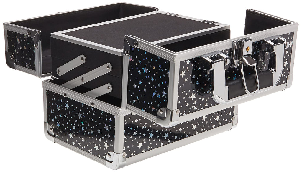 Joligrace Makeup Train Case - Lockable 2-Tier Tray with Mirror, Portable Black Star