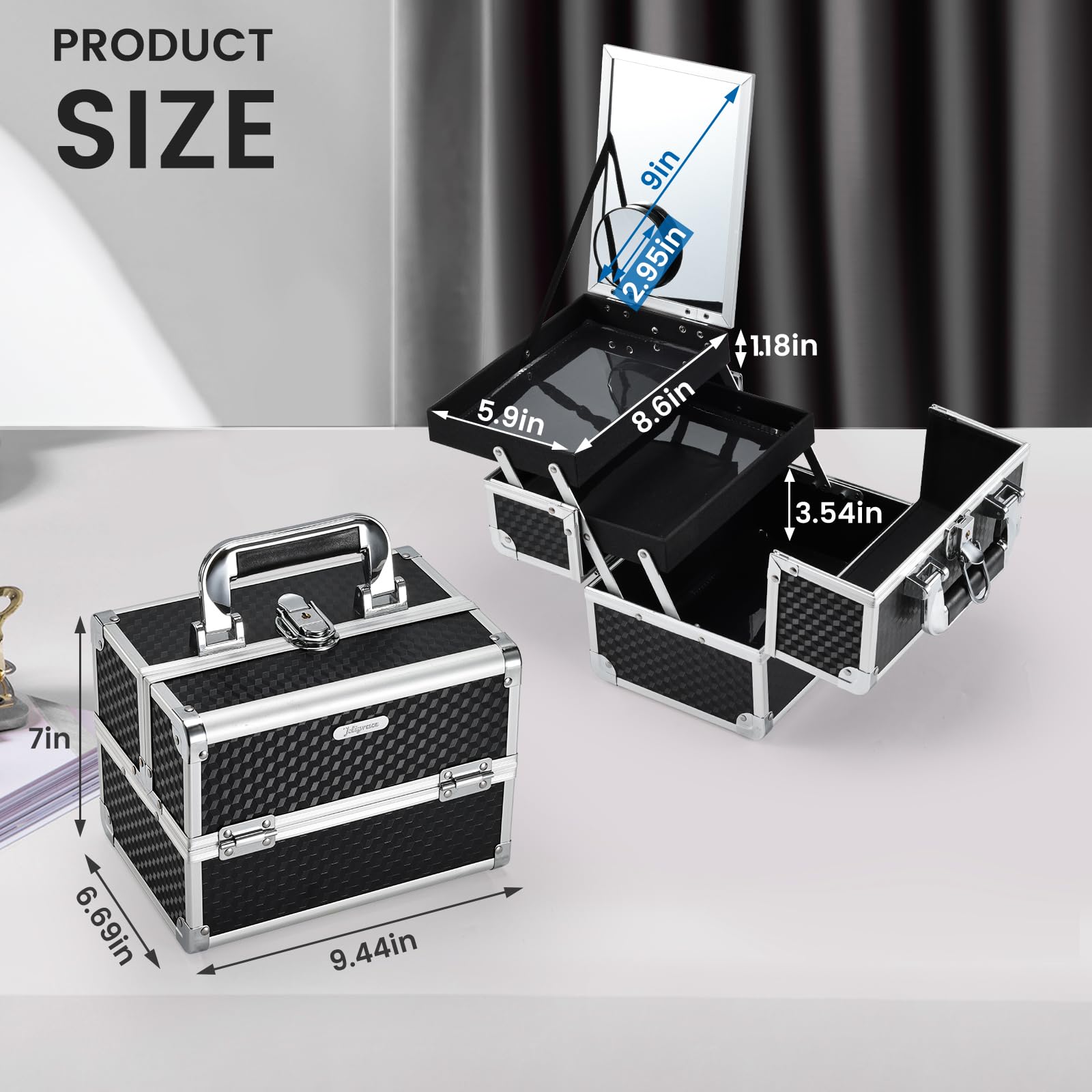 Joligrace Makeup Box with Mirror – 2-Tier Train Case, Portable & Lockable