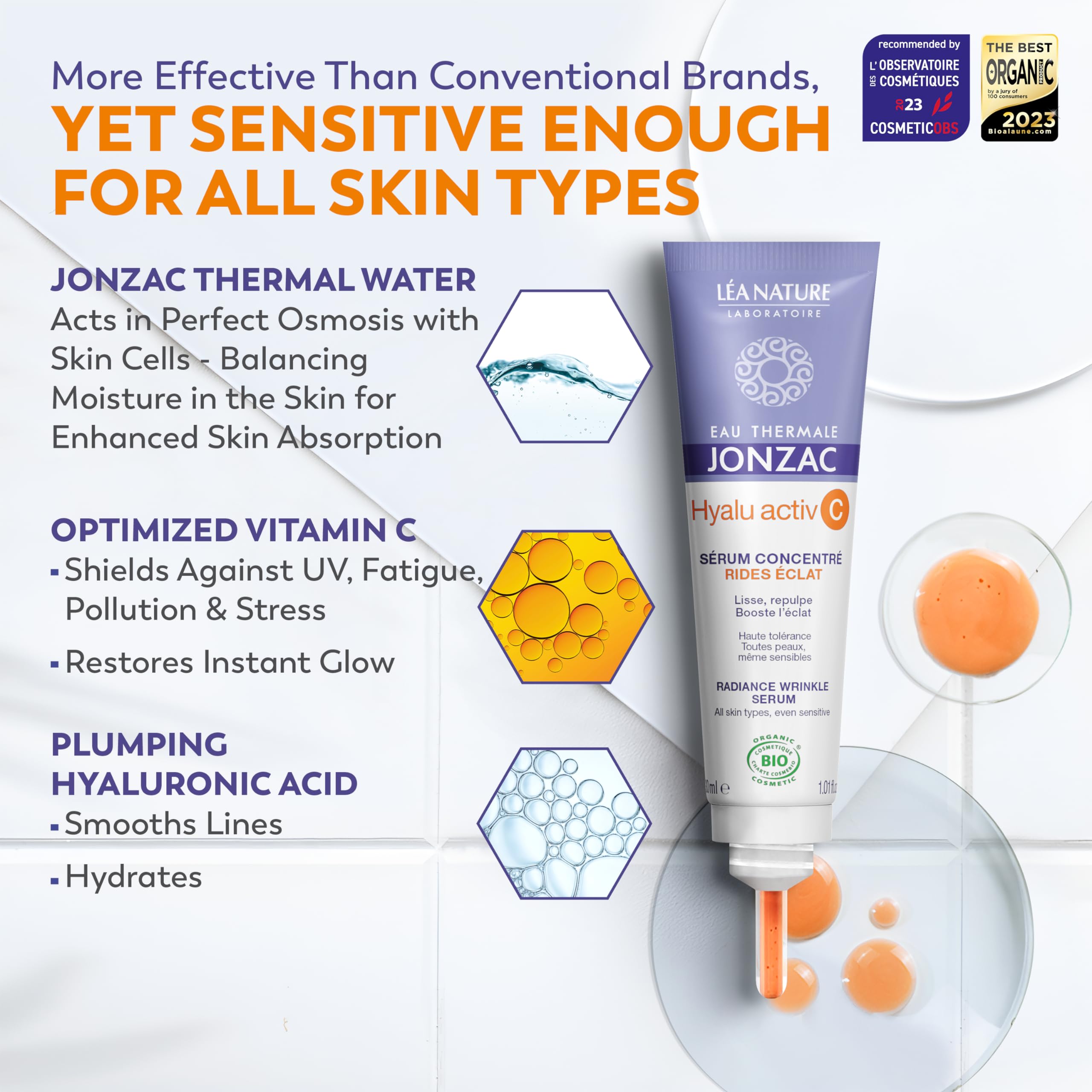 JONZAC Eau Thermale Hyalu Activ C Serum – Vitamin C 5x More Stable + Hyaluronic Acid for Face & Eyes