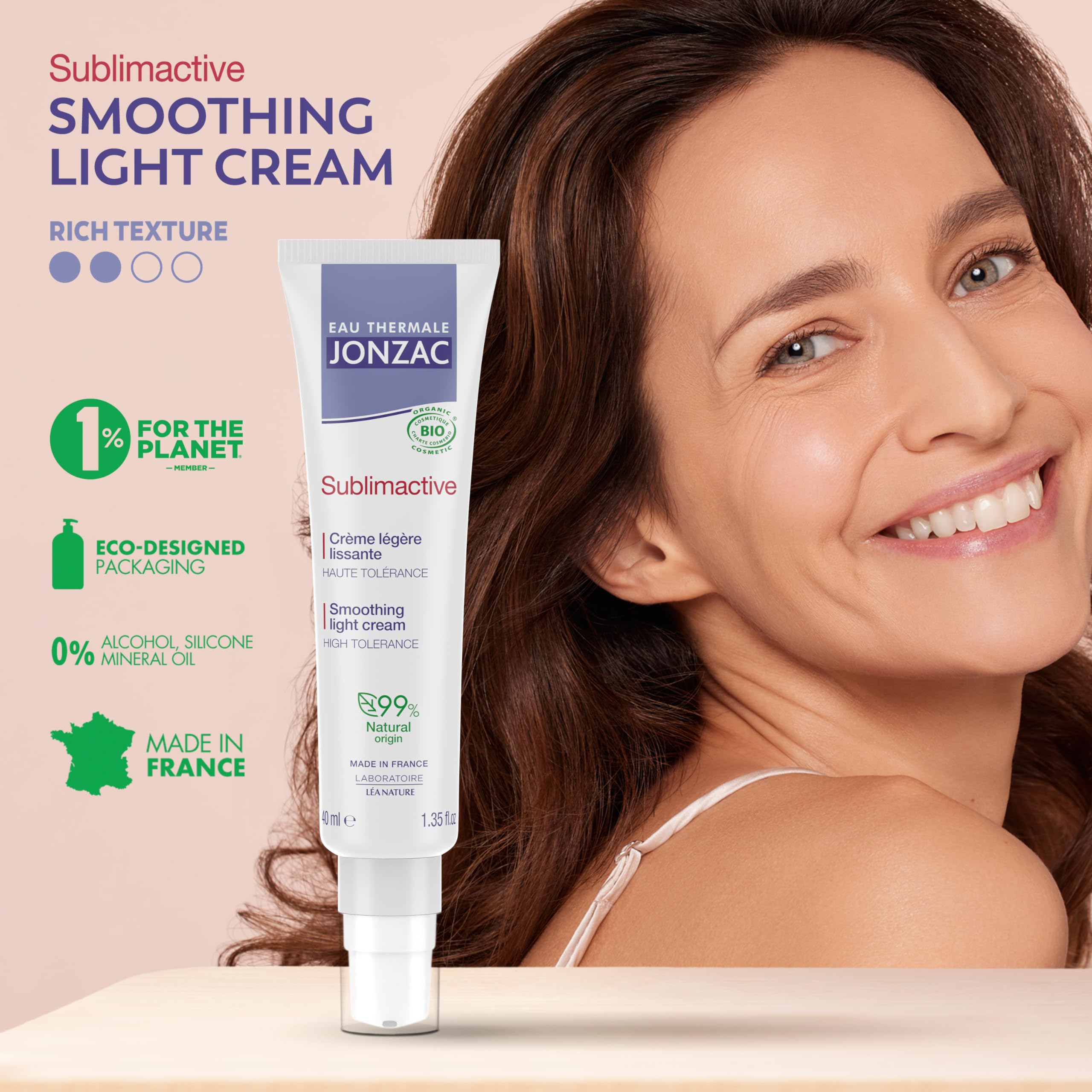 JONZAC Sublimactive Smoothing Light Cream – Organic Anti-Aging for Normal to Combination Skin | 1.35 fl oz