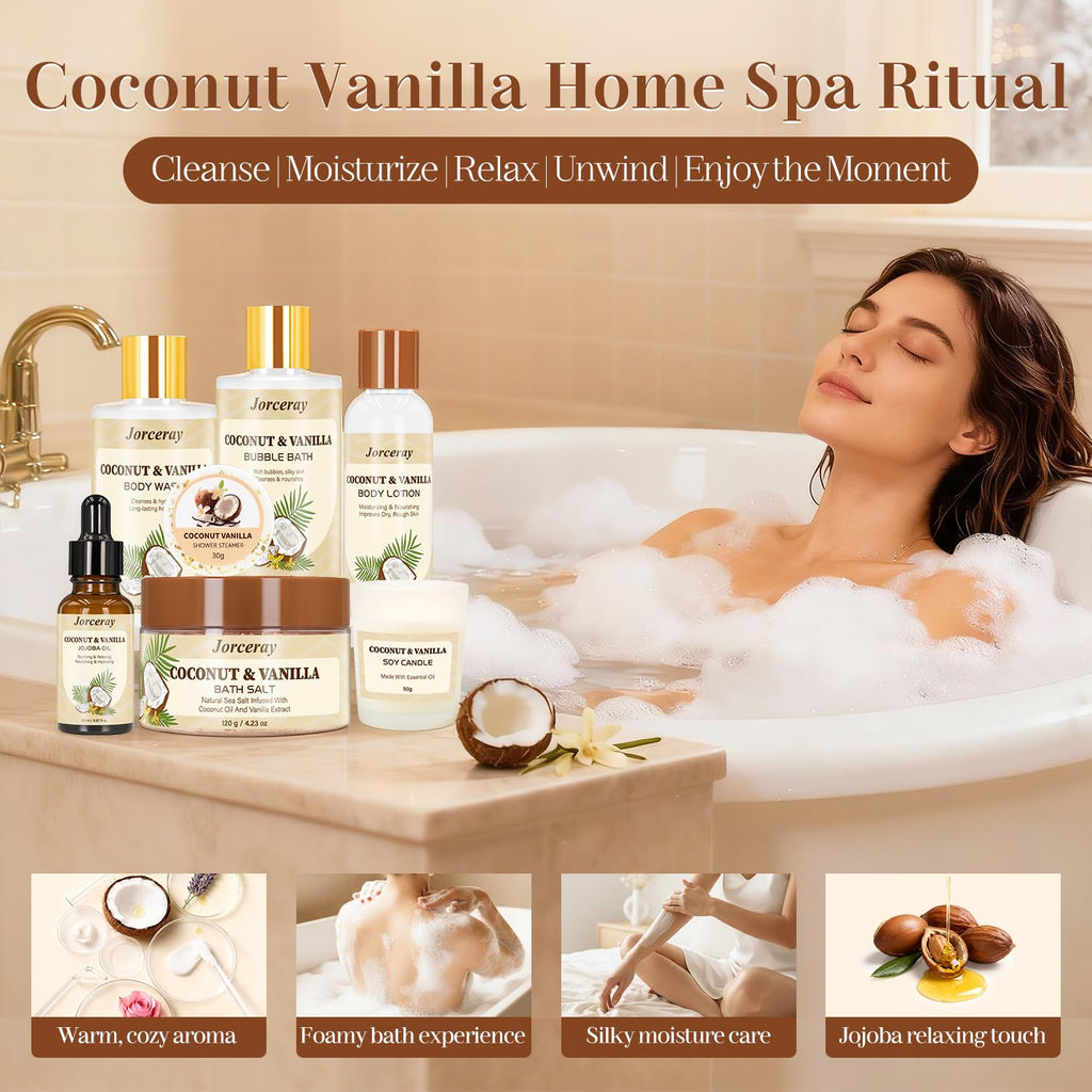 Jorceray 22PCS Valentines Day Spa Gift Basket for Women – Luxury Coconut Vanilla Bath & Body Set