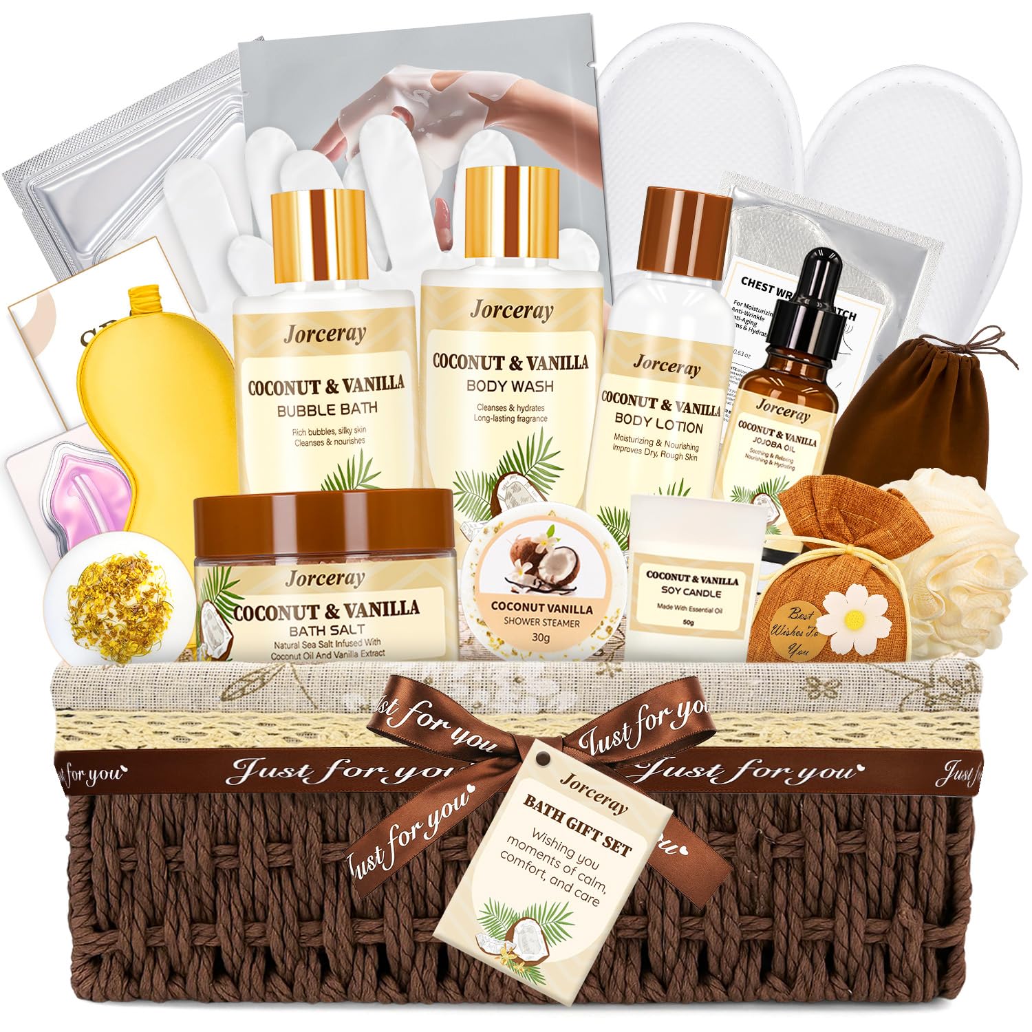 Jorceray 22PCS Valentines Day Spa Gift Basket for Women – Luxury Coconut Vanilla Bath & Body Set