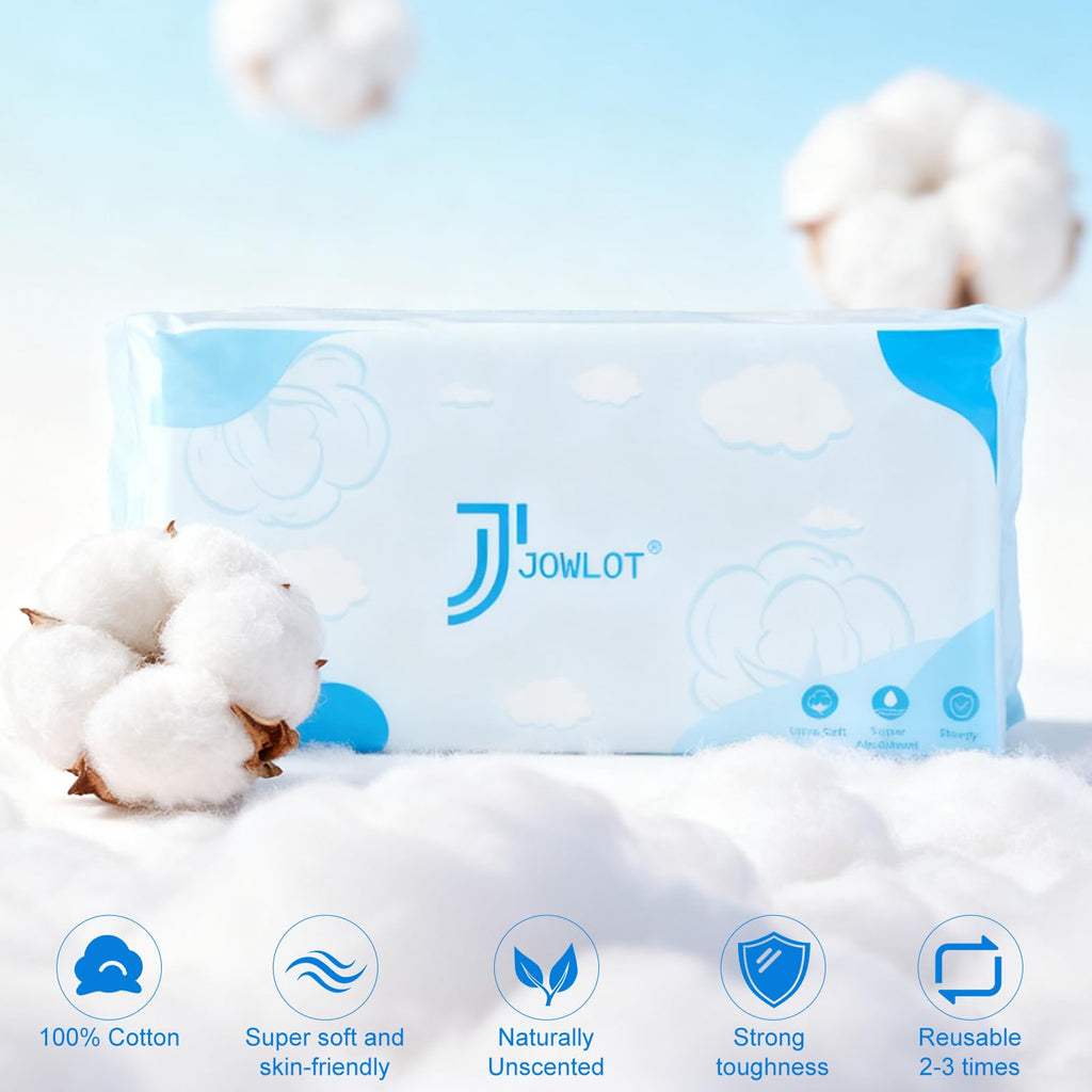 JOWLOT Disposable Face Towels – 480 Count Ultra Soft Thick Cotton Towels for Sensitive Skin