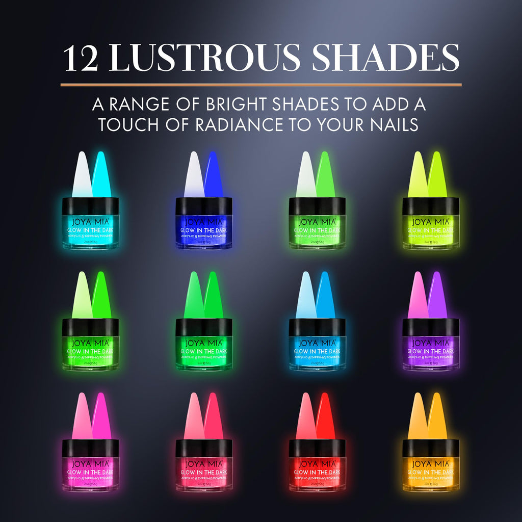 Joya Mia Glow-in-the-Dark Nail Powder – 12 Colors, 2 oz | Premium Acrylic Dip Powder