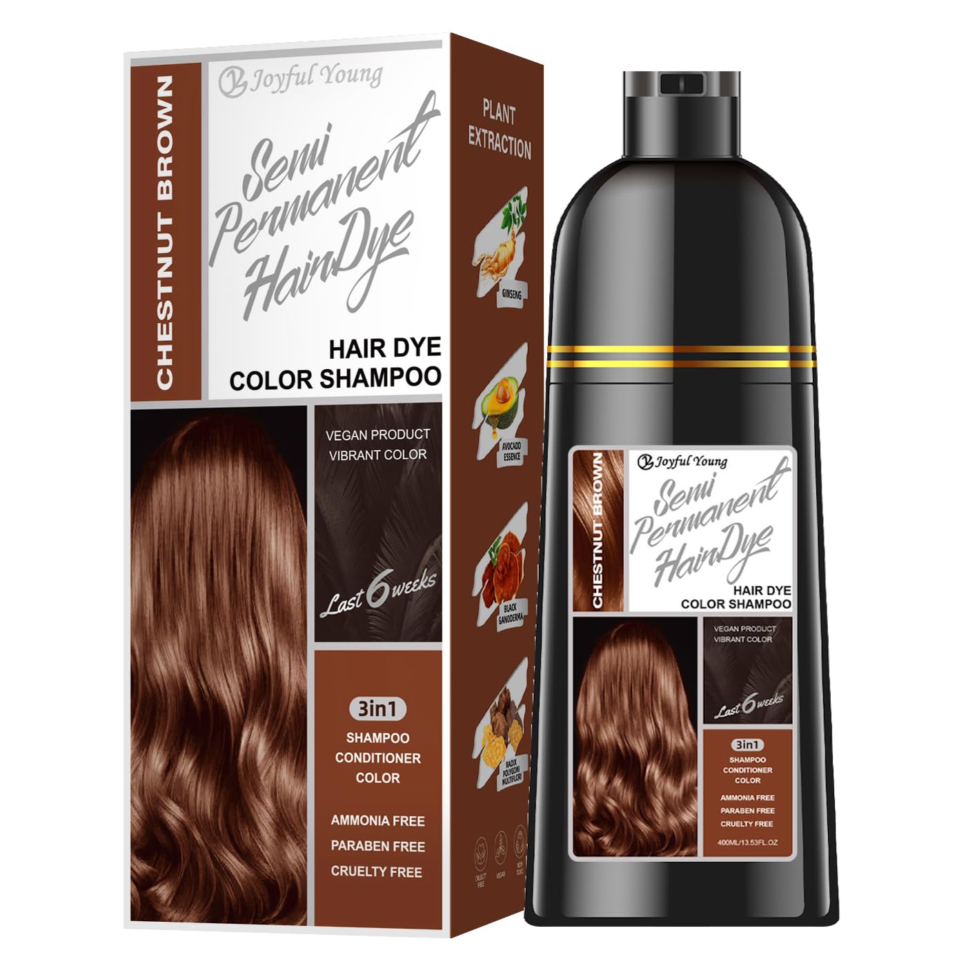 Joyful Young Chestnut Brown 3-in-1 Hair Dye Shampoo – Semi-Permanent, Ammonia-Free