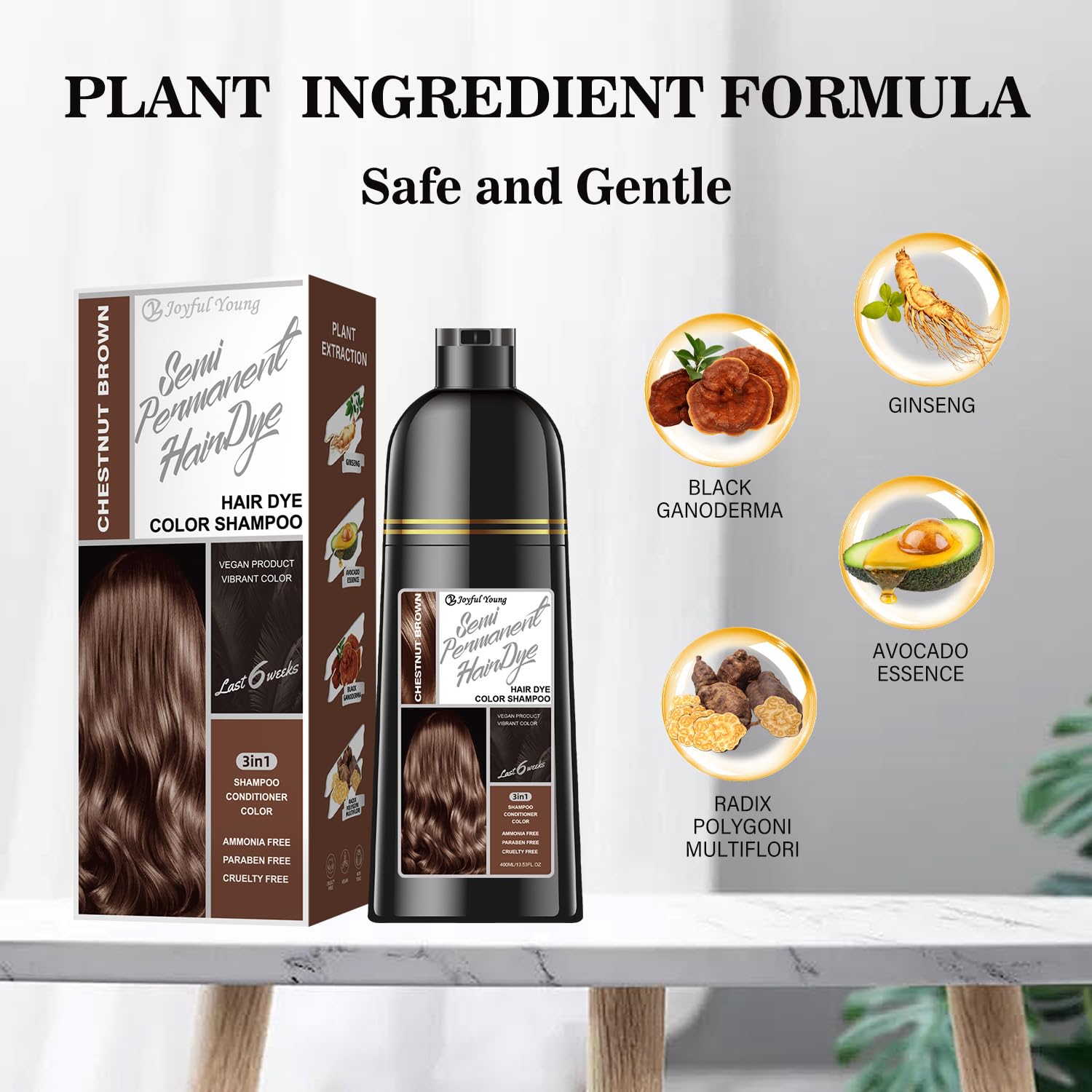 Joyful Young Chestnut Brown 3-in-1 Hair Dye Shampoo – Semi-Permanent, Ammonia-Free