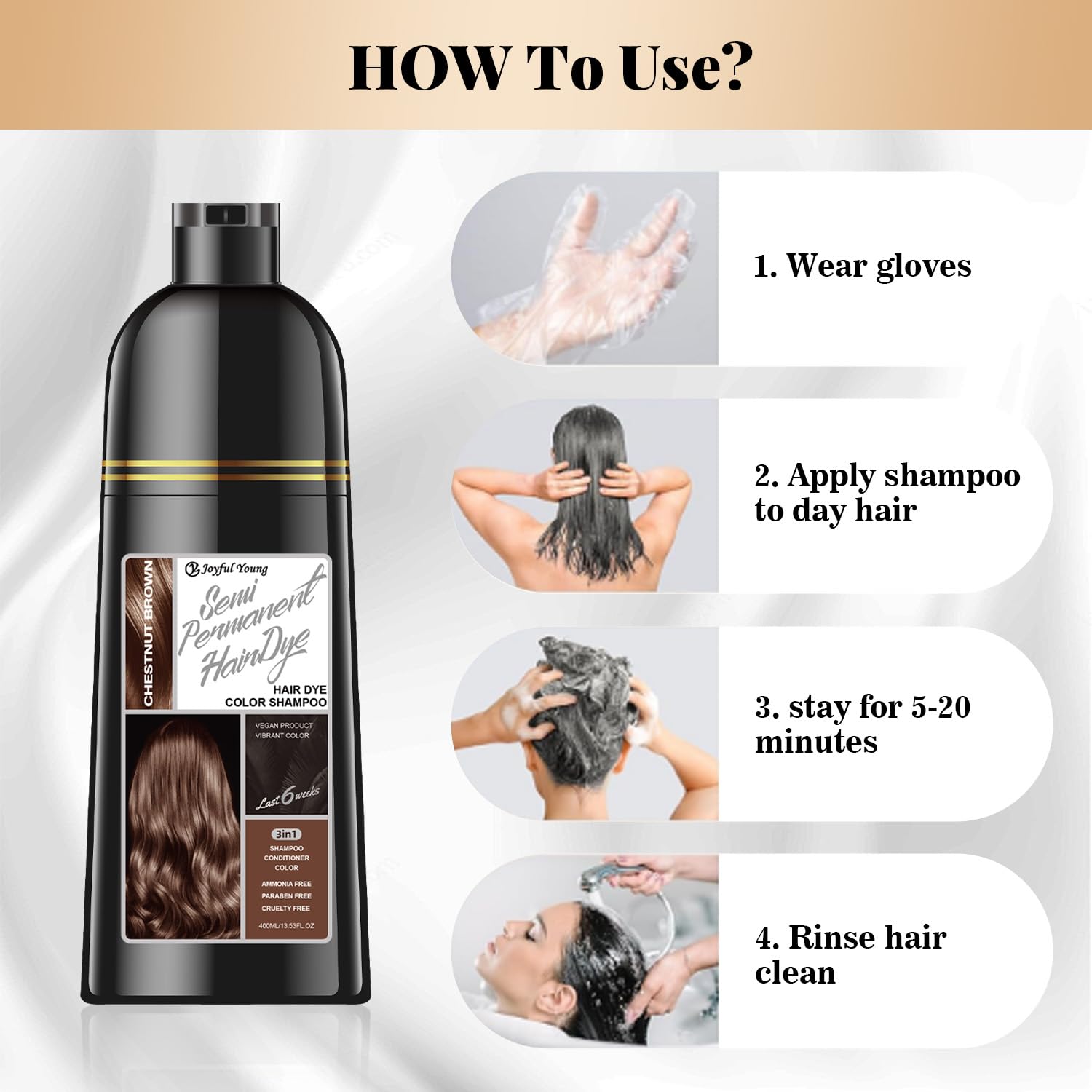 Joyful Young Chestnut Brown 3-in-1 Hair Dye Shampoo – Semi-Permanent, Ammonia-Free