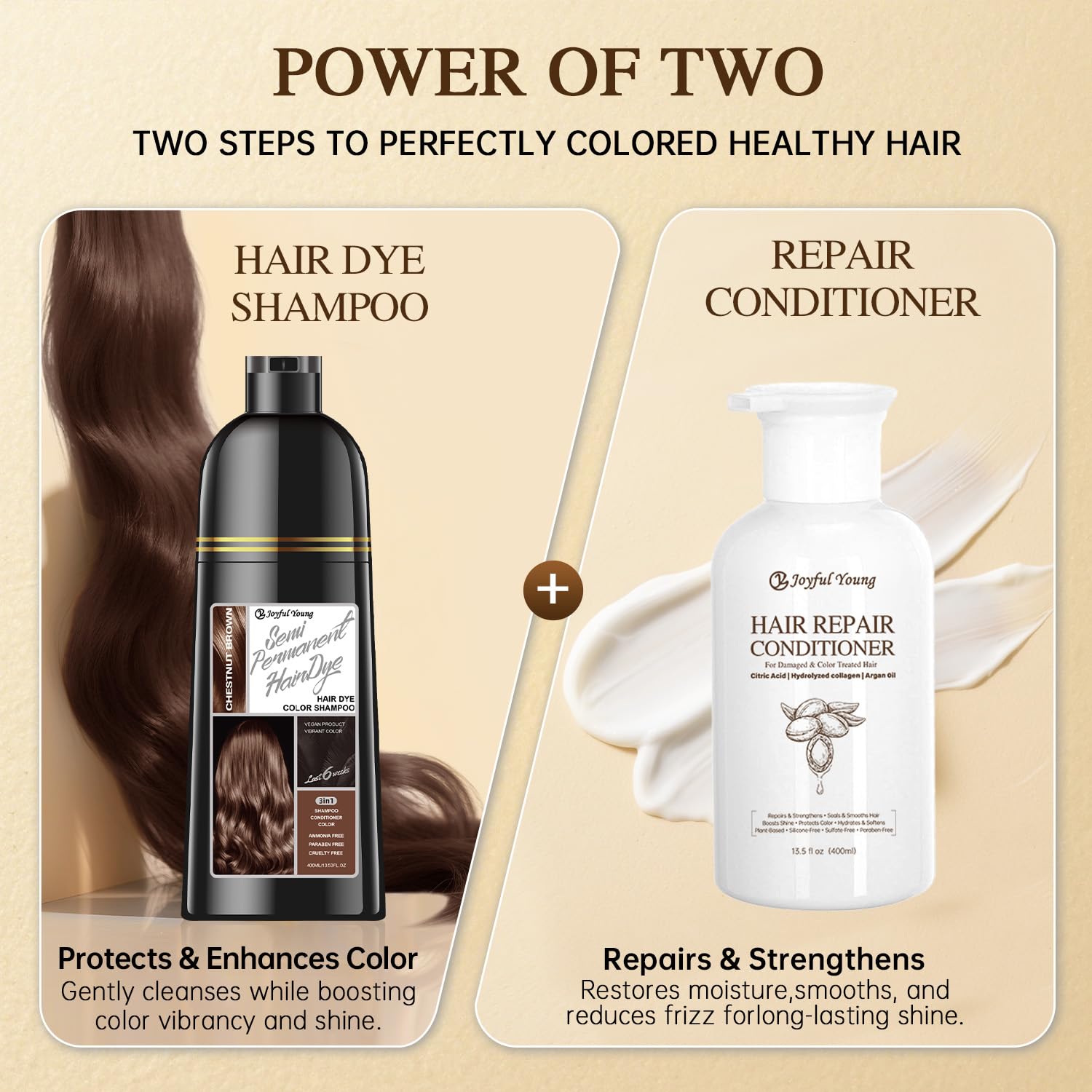 Joyful Young Chestnut Brown 3-in-1 Hair Dye Shampoo – Semi-Permanent, Ammonia-Free