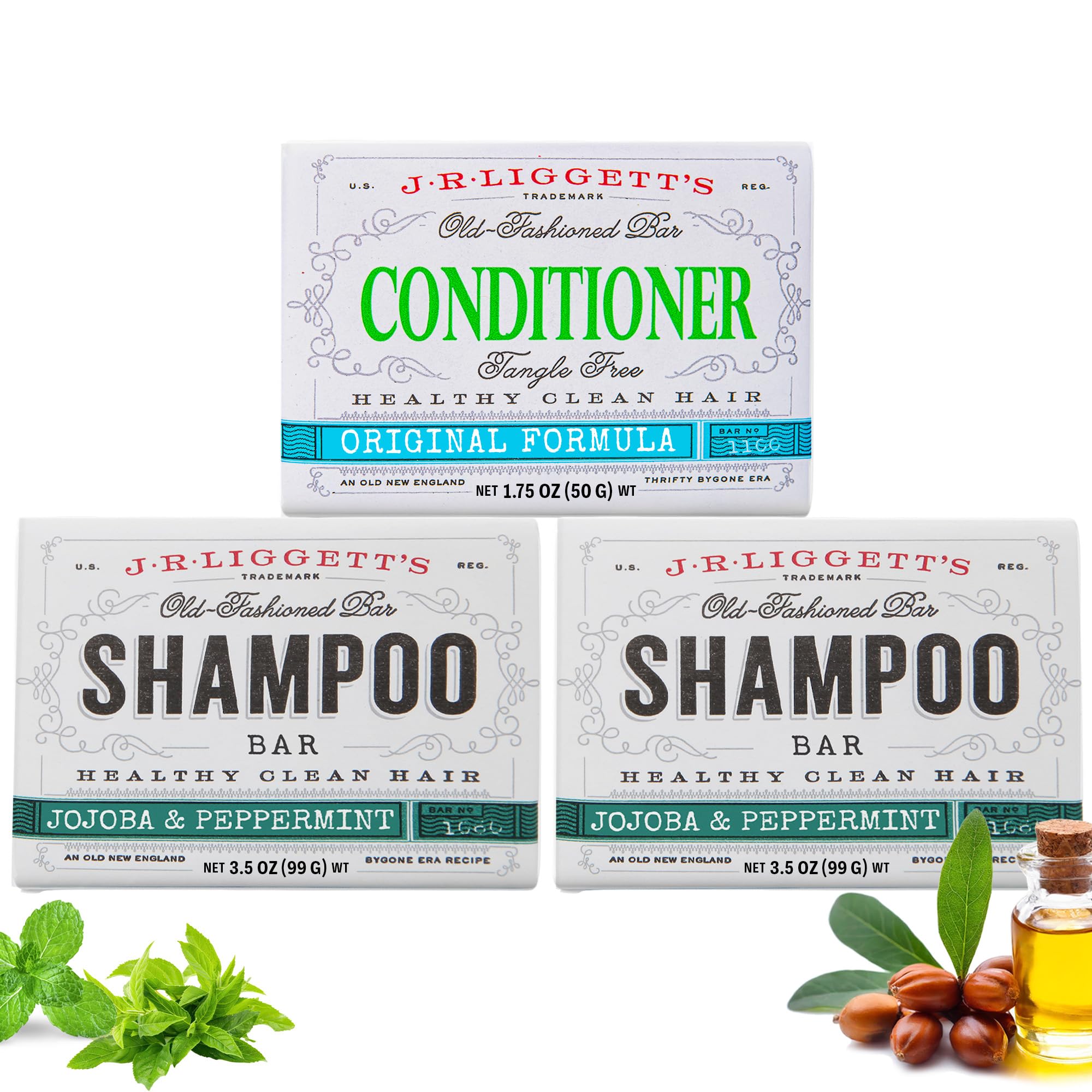 J.R.LIGGETT'S Shampoo & Conditioner Bar Set – 1.75 oz Conditioner + 3.5 oz Shampoo Bar x2 (3-Pack) | All-Natural Plant-Based