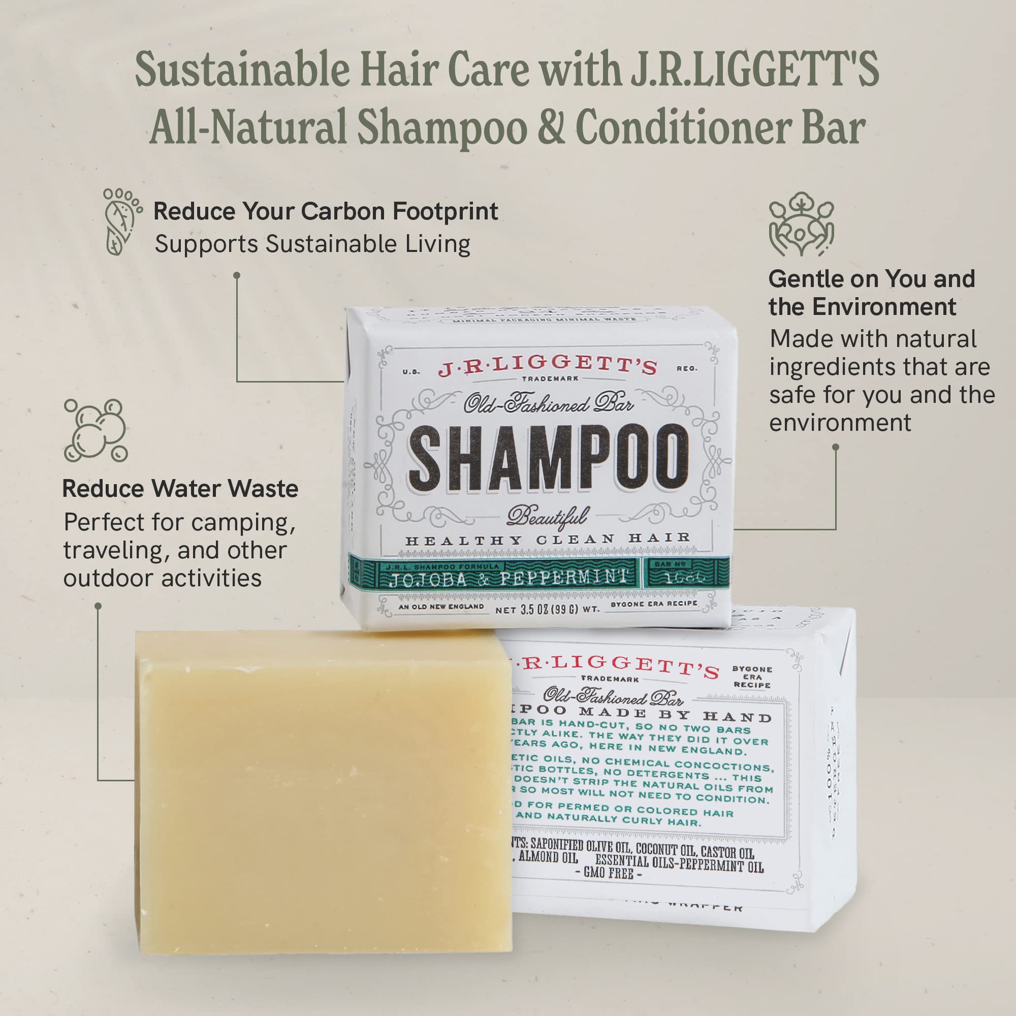 J.R.LIGGETT'S Shampoo & Conditioner Bar Set – 1.75 oz Conditioner + 3.5 oz Shampoo Bar x2 (3-Pack) | All-Natural Plant-Based