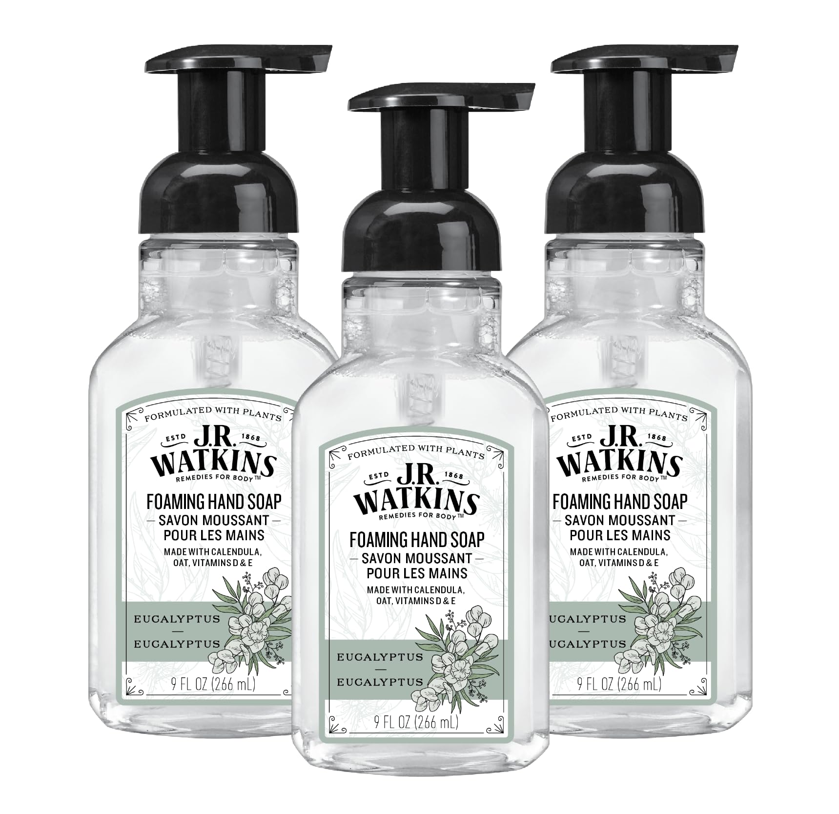 J.R. Watkins Eucalyptus Foaming Hand Soap – Alcohol-Free, Cruelty-Free, 3-Pack (9 fl oz each)