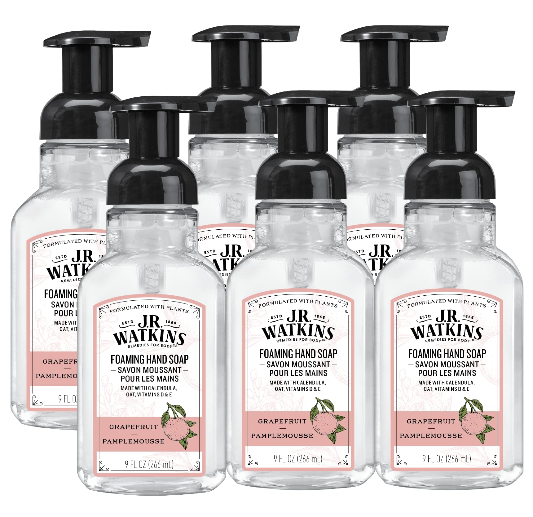J.R. Watkins Foaming Hand Soap Pump – Grapefruit, Alcohol-Free, Cruelty-Free, USA Made, 9 fl oz (6 Pack)