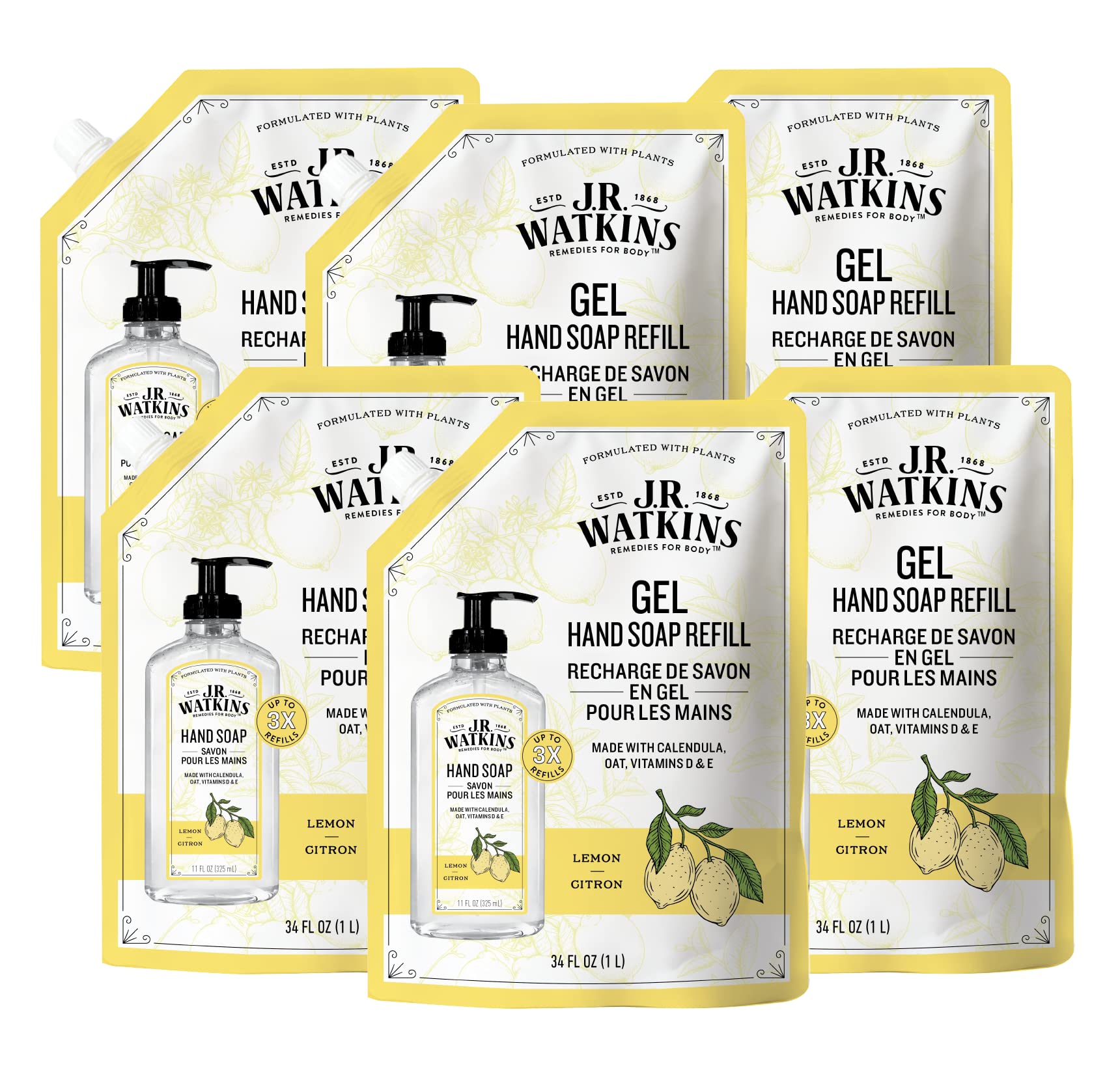 J.R. Watkins Lemon Hand Soap Refill Pouch — 34 oz, USA Made, Cruelty Free, 6 Pack