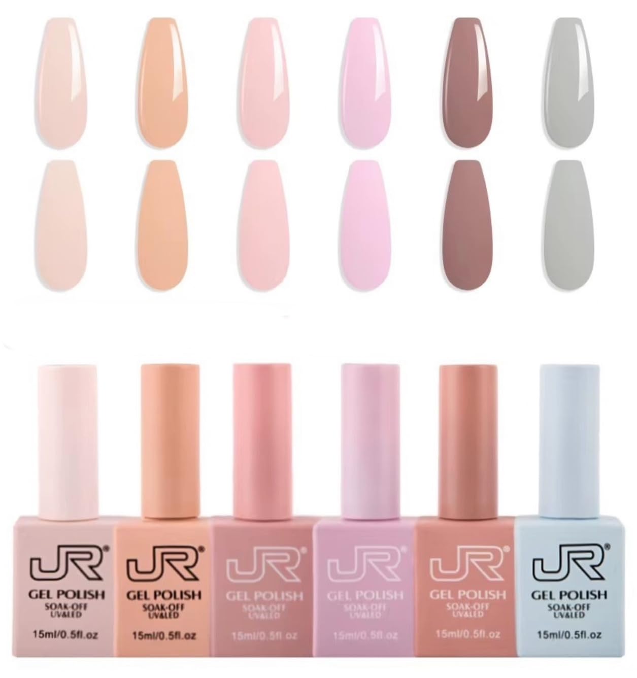JRGel 6-Color Gel Nail Polish Set (15ml) – Professional Soak-Off UV Gel Polish for Home & Salon