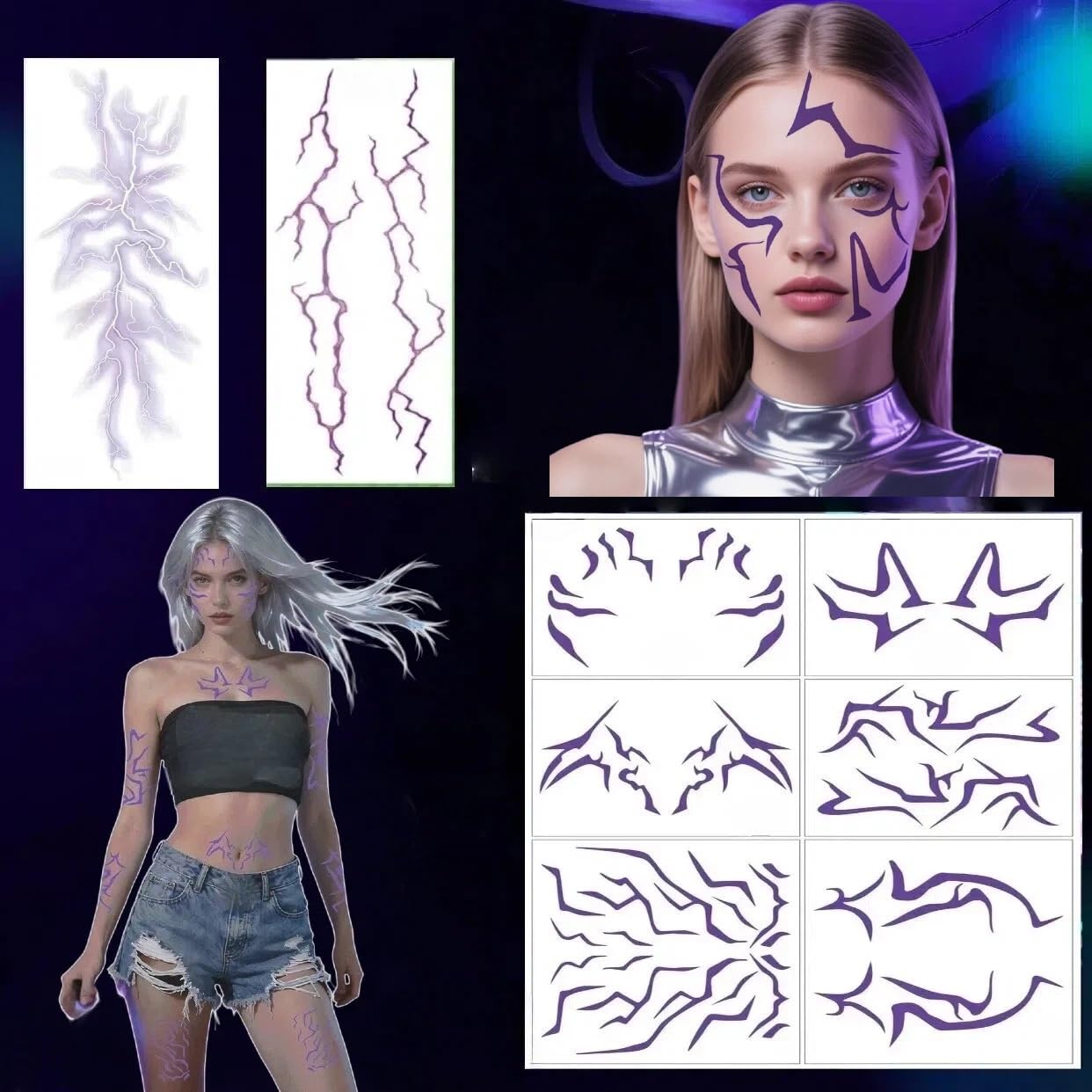 JRRZETA 8PCS Ombre Temporary Tattoos – Purple Realistic Body Art for Hunter Costume, Cosplay & Parties